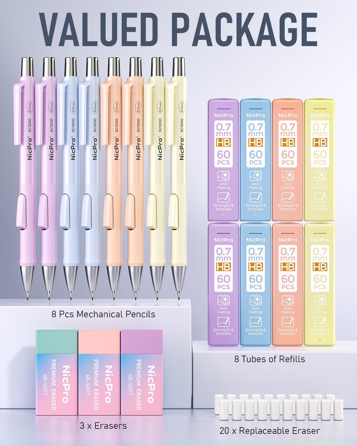 Nicpro 8 Pack Pastel Mechanical Pencil 0.7mm, Cute Fast Click Mechanical Pencils Set with 480PCS HB Lead Refills, 3 Erasers with Case, Aesthetic School Supplies for Writing Drawing Sketching