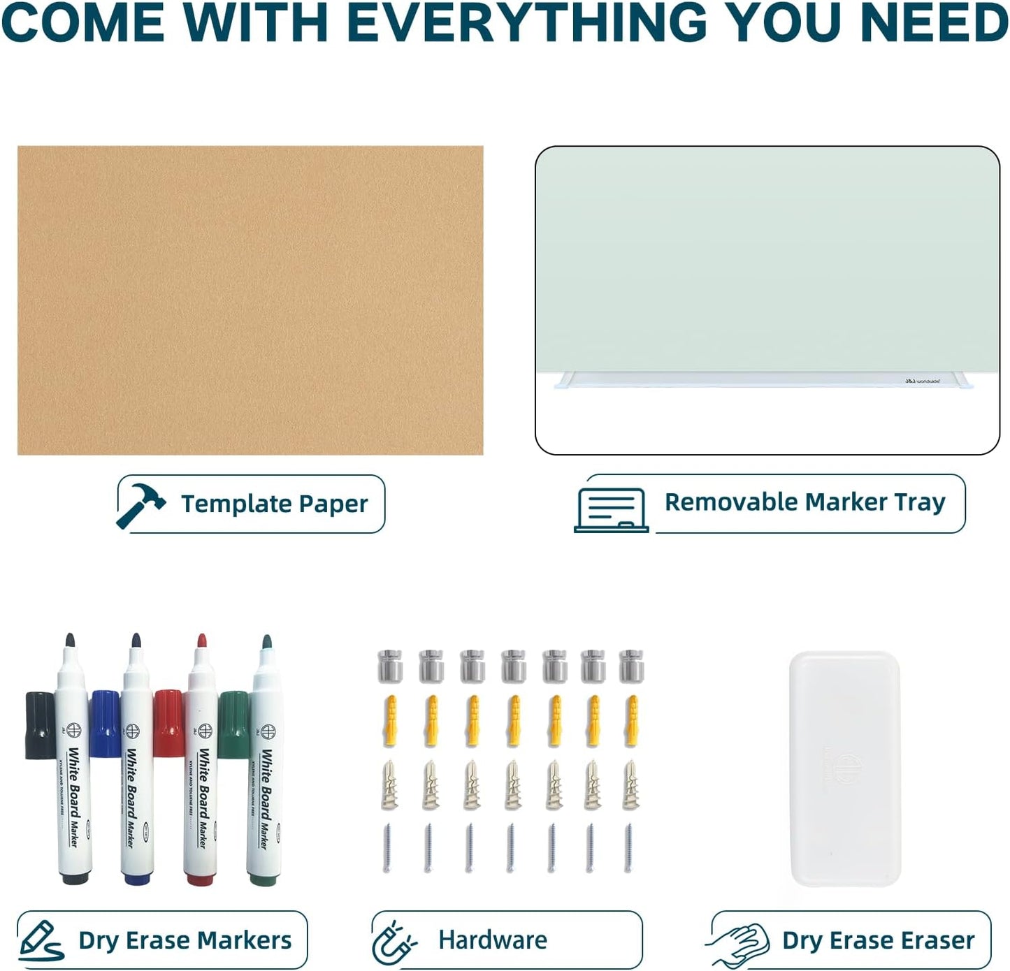 J&J worldwide Glass Whiteboard 6' x 3', Frosted Glass Dry Erase Board Non-Magnetic, Semi-Transparent, Includes Markers, Marker Tray, Eraser for Wall, Office, Home, School