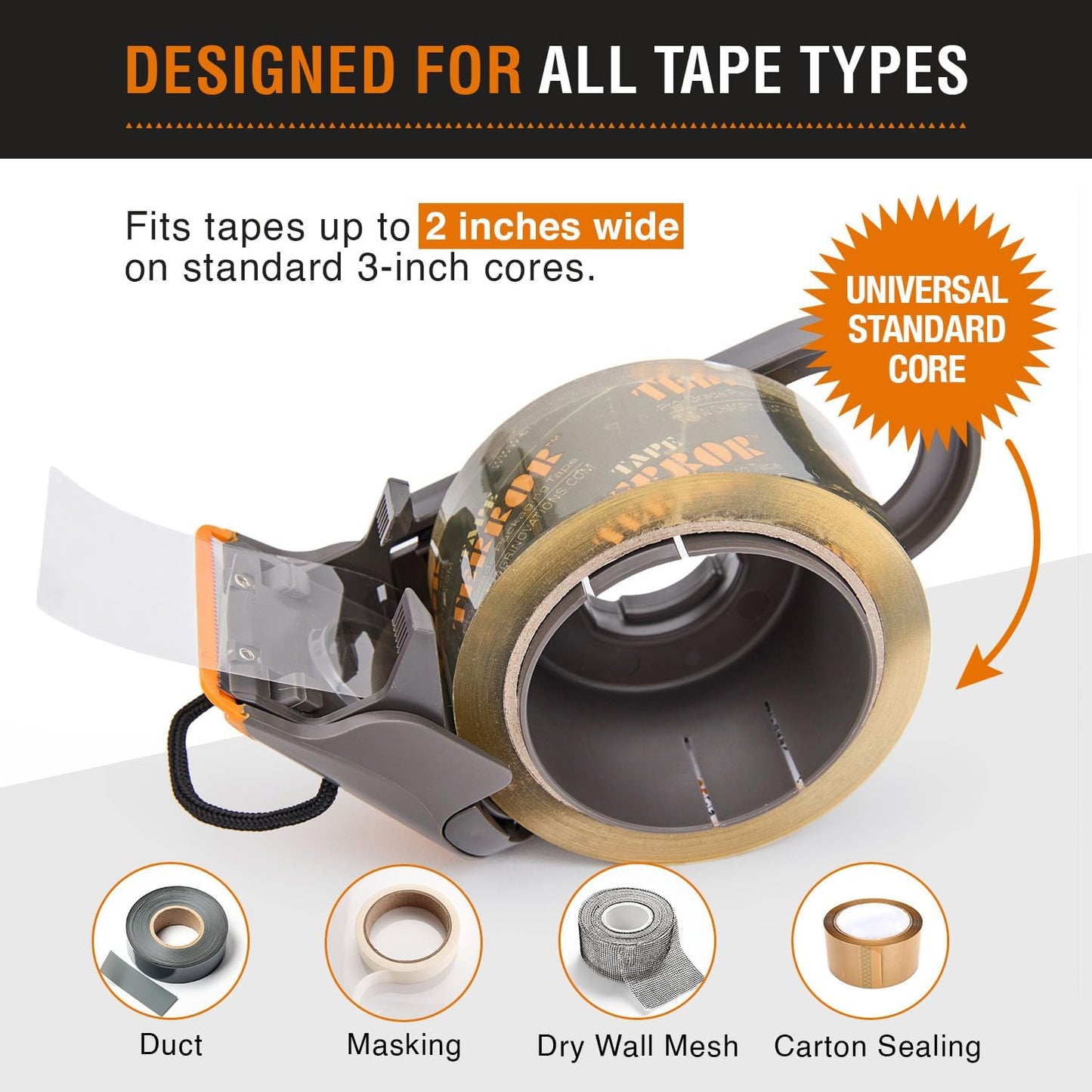 Packing Tape Dispenser - Heavy Duty Shipping Tape Dispenser for Boxes, Refillable, Fits Standard Bulk Tapes Up to 2" Wide - Razor-Sharp Cutting Packaging Tape Dispenser (1-Count)