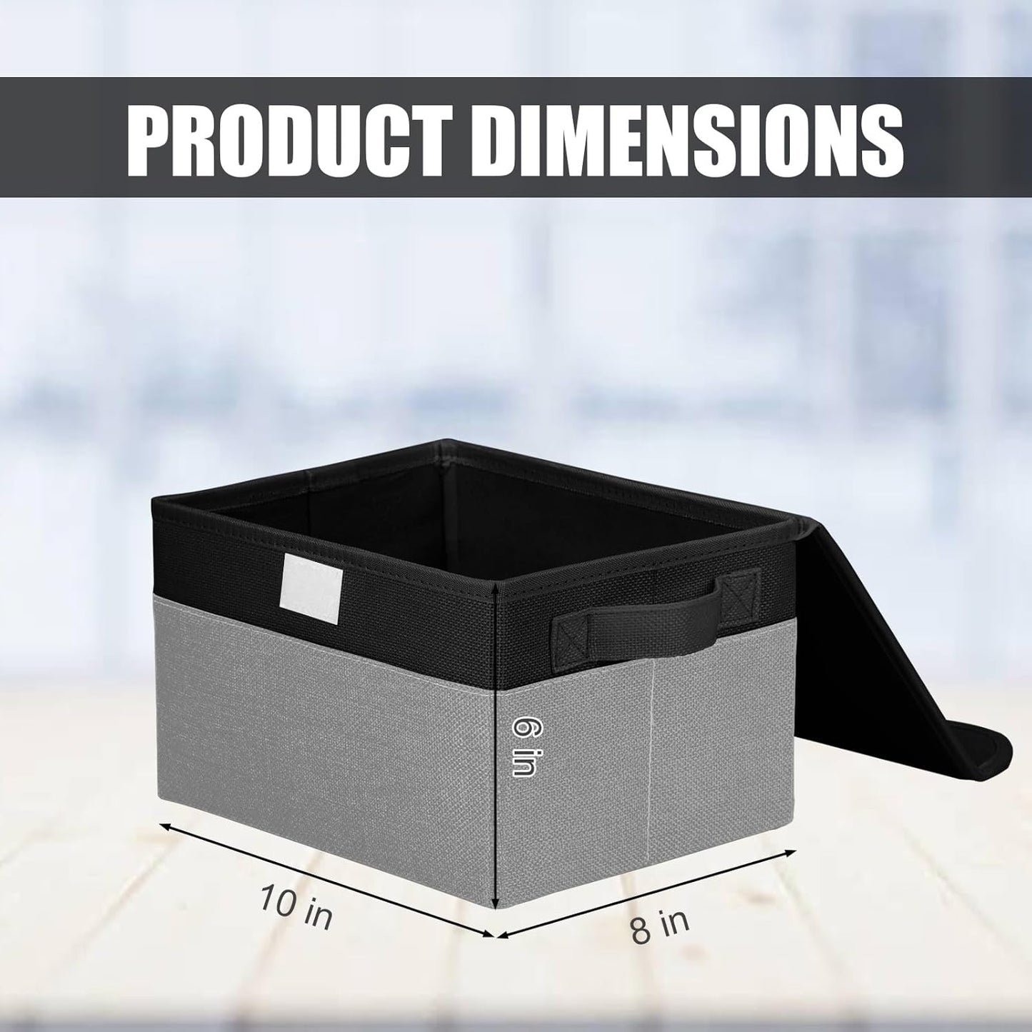 Small 8 Quart Linen Fabric Foldable Storage Bin Cube Organizer Basket with Lid & Handles, Collapsible Decorative Box Container for Home, Dorm, Closet, Black & Gray, 10"x8"x6", 6-Pack