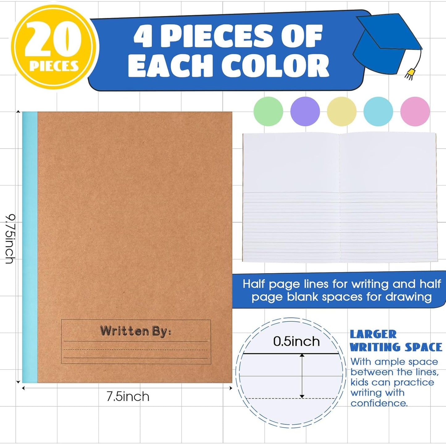 Henoyso 20 Pcs Primary Composition Notebook 9 3/4 x 7 1/2 Inch Kids Journal, Back to School Supplies, K-2 Primary Writing Notebook for Kids Student Draw and Write Story Journal (Macaron Color)