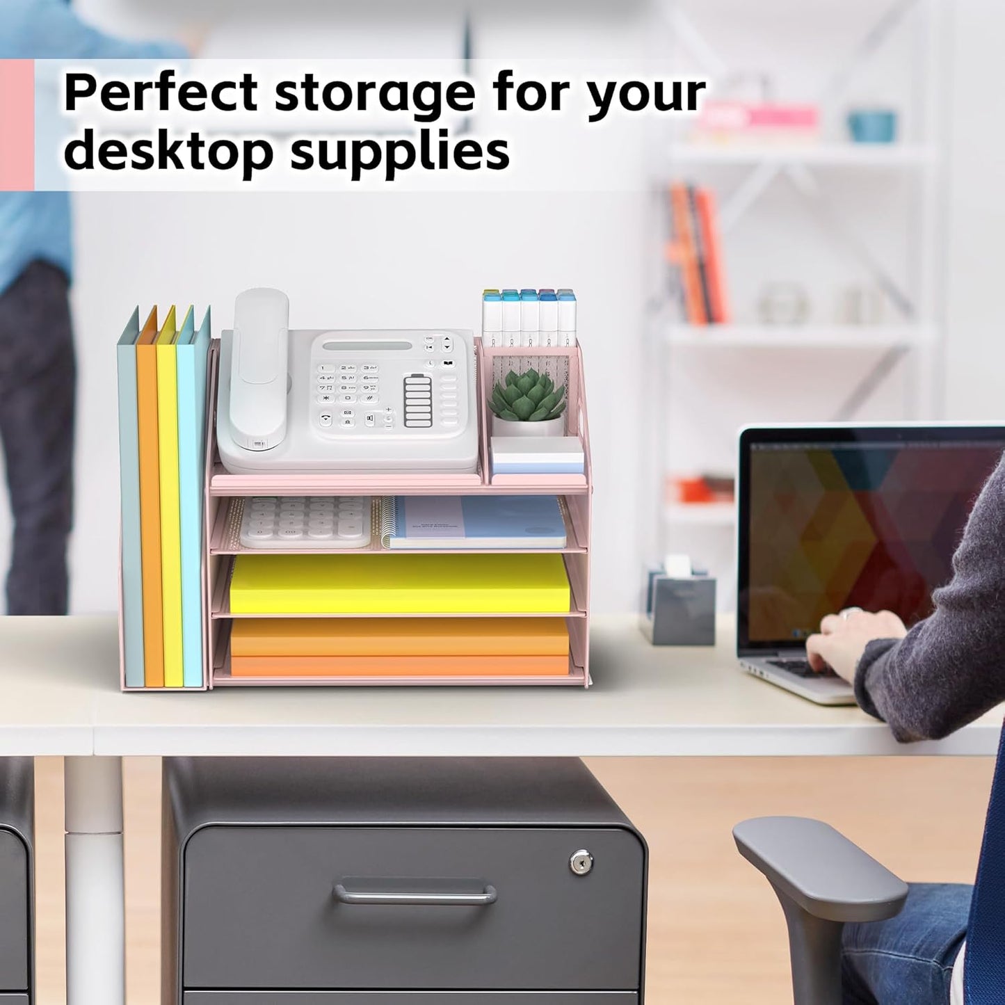 DocNest 4 Tier Paper Letter Tray File Organizer, Mesh Desk File with Handle, Workspace Desk Organizers with Pen Holder, Office Organization Storage Accessories - Pink