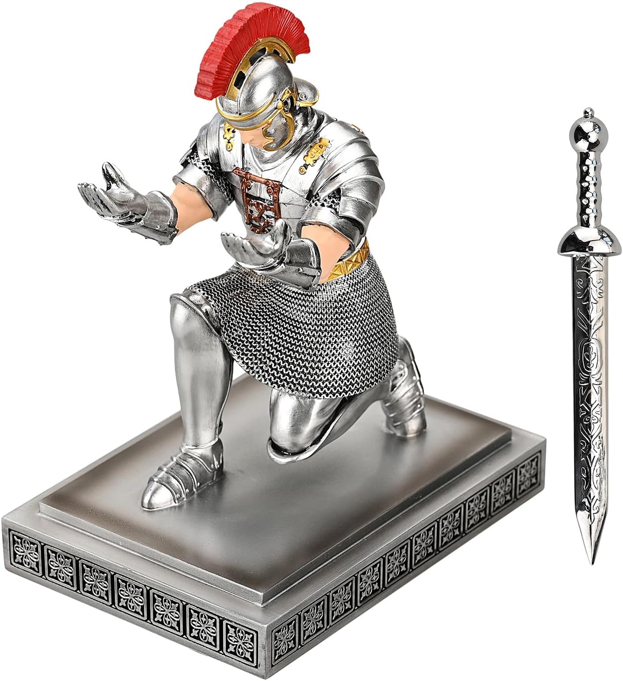 Roman Praetorian Warrior Knight Pen Holder Desk Ornament Resin Pencil Holder Desk Accessories and Organizer for Office with a Letter Opener (Silver)