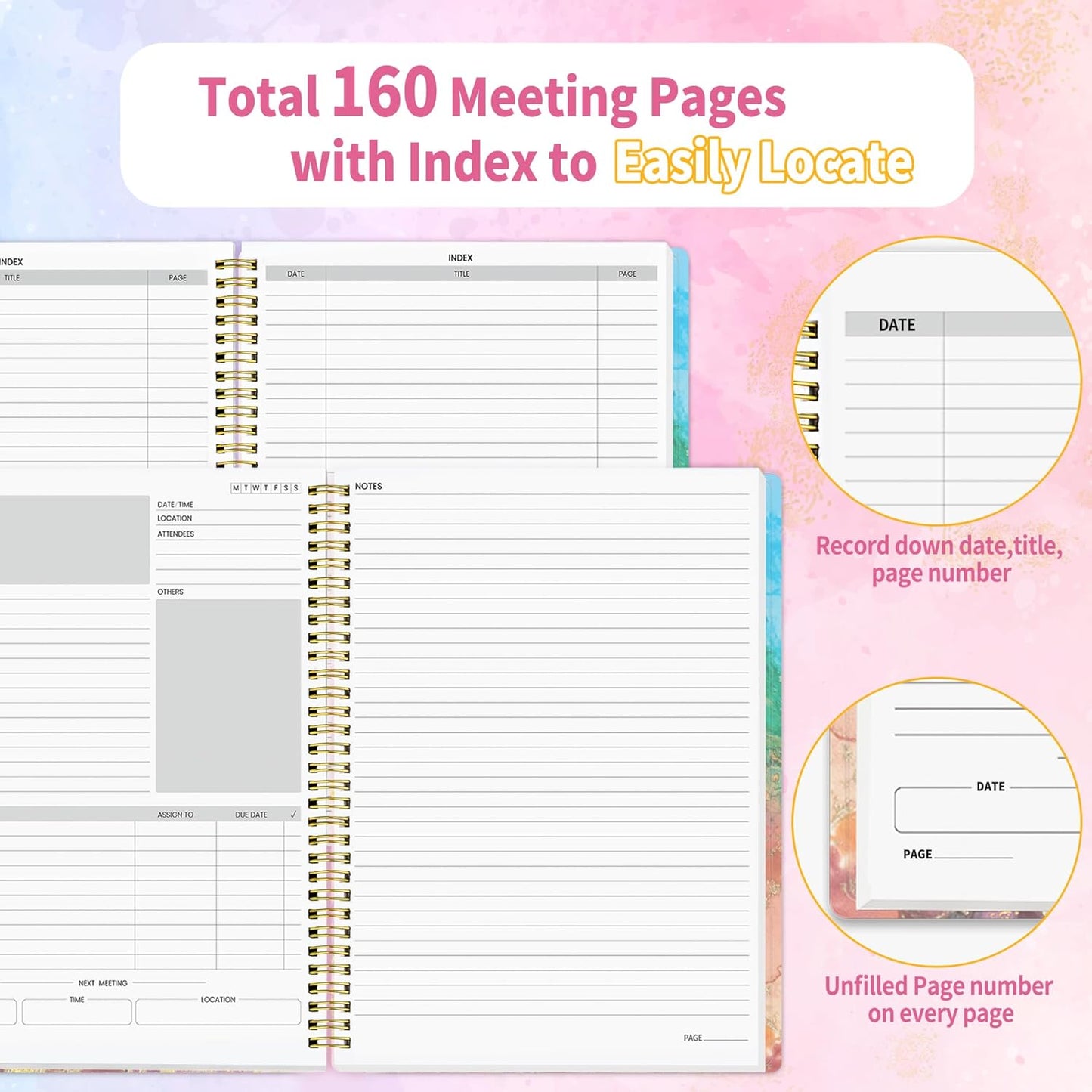 SUNEE Half Meeting Half Note - 8.5"x11" Professional Notebooks for Work - 160 Pages, A4 Size Project Planner, Spiral Meeting Agenda/Minutes Organizer for Women Men, Note Taking, Office & Business