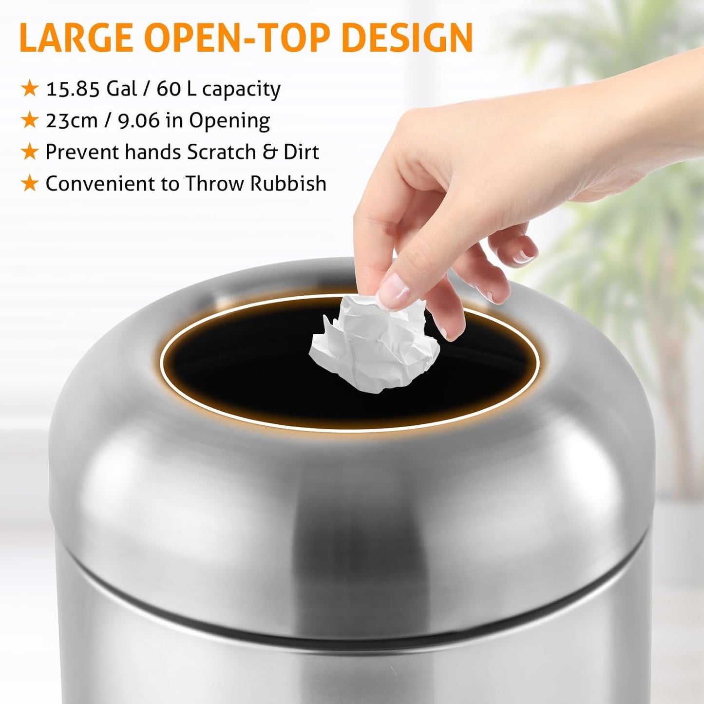 WICHEMI 16 Gallon Commercial Large Trash Can, Bullet Outdoor Trash Bin with Open Top Lid, Brushed Stainless Steel Garbage Can, Silver