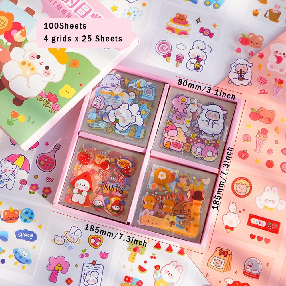 Kawaii Cartoon Rabbit Bear Stickers - EAMOTOL 800 PCS/100 Sheets Transparent PVC Cute Animals Bunny Sticker Kit for Scrapbooking Supplies Planner Clipping Bullet Junk Journals DIY Crafts Letter Cards