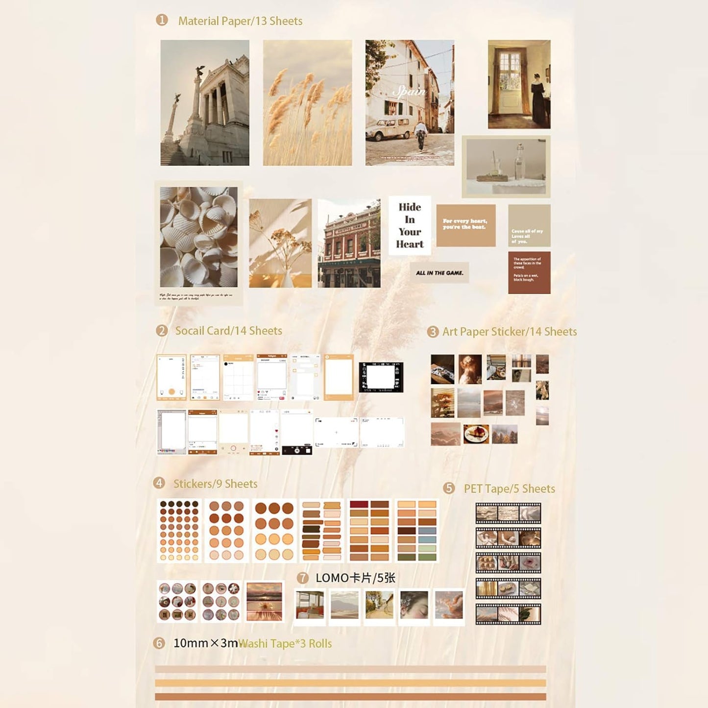 MAXLEAF 64PCS Literary Vintage Ins Style Scrapbook Bullets Journals Decoration Material Pack for DIY Scrapbook Album Decoration with Poster Tapes Stickers (Yellow)