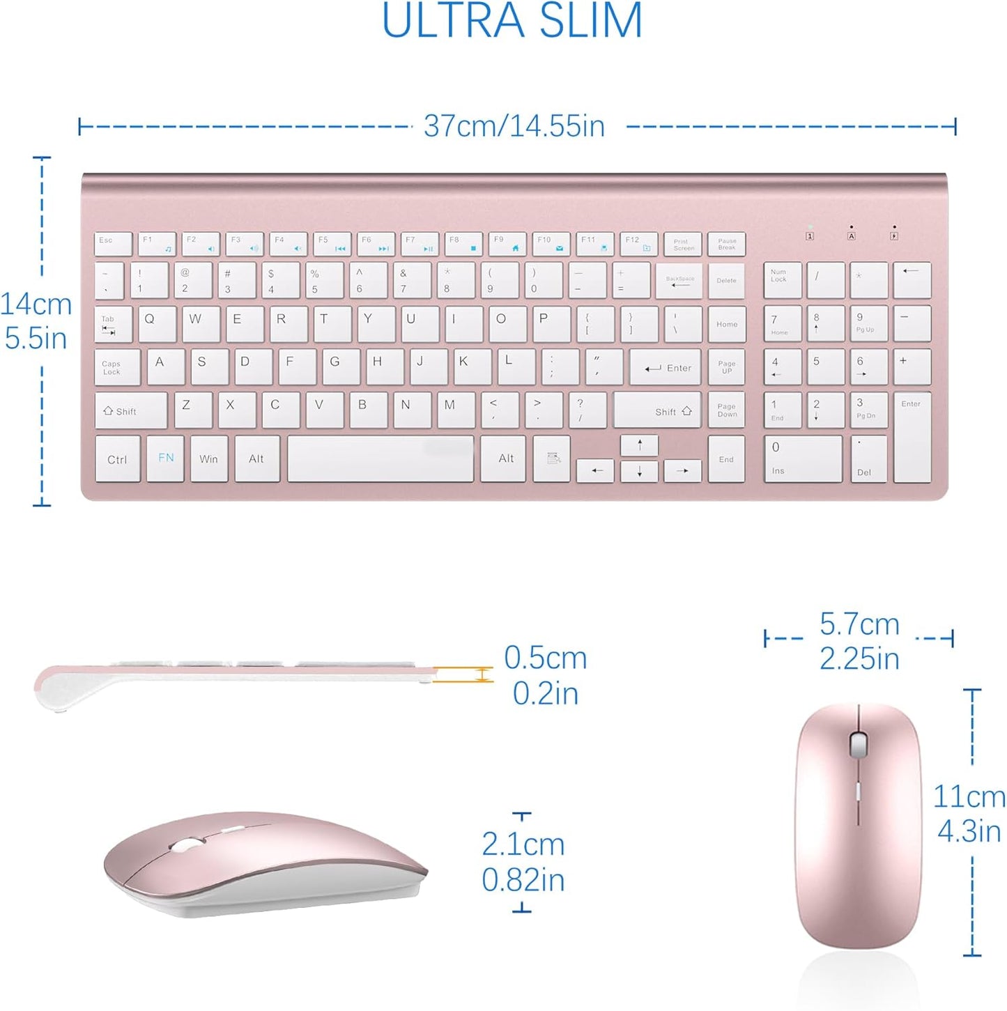 Wireless Keyboard and Mouse Ultra Slim Combo, TopMate 2.4G Silent Compact USB 2400DPI Mouse and Scissor Switch Keyboard Set with Cover, 2 AA & 2 AAA Batteries,for PC/Laptop/Windows/Mac-Rose Gold White