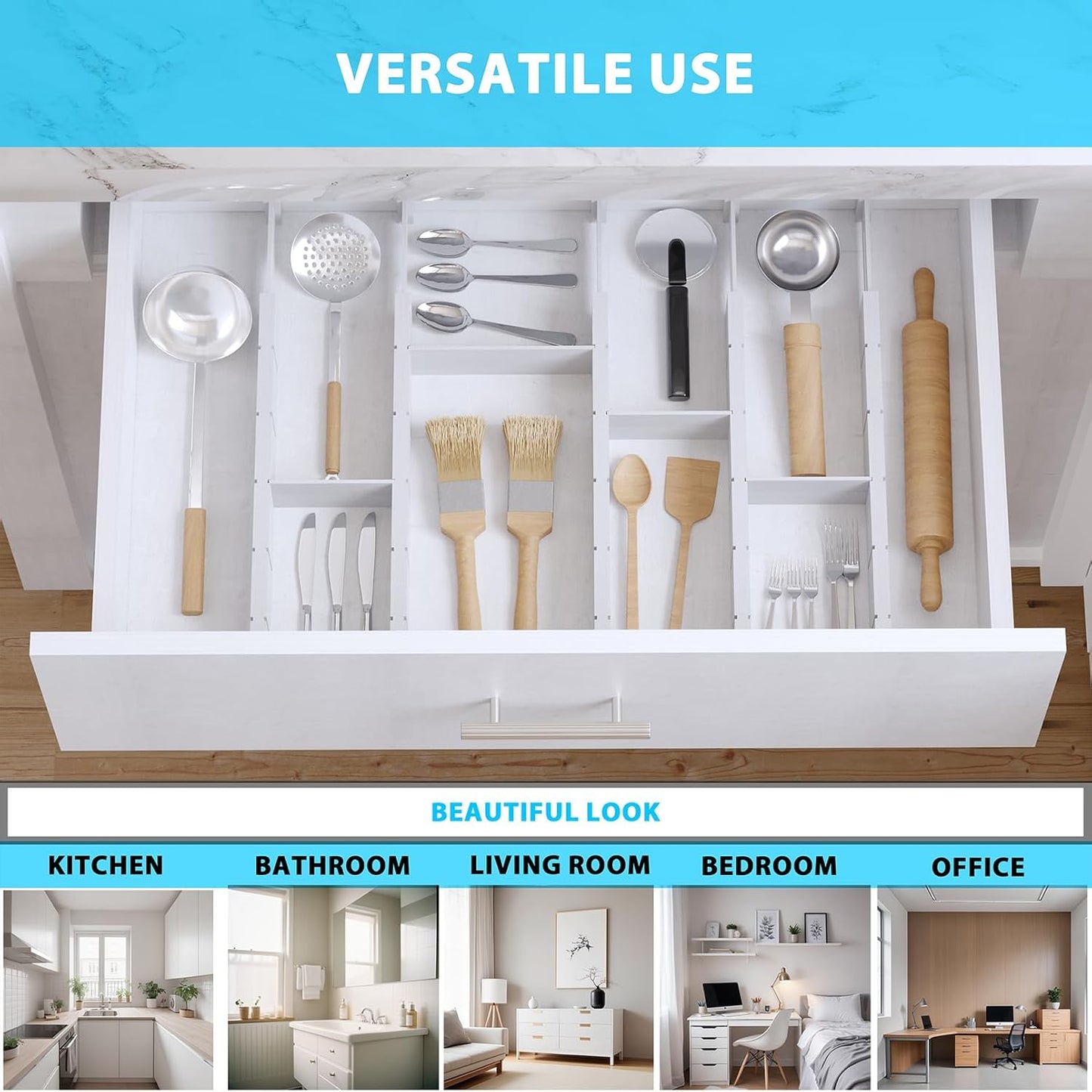 6 Pack Bamboo Drawer Dividers with 12 Inserts, Expandable Adjustable Clothes Drawer Organizers and Storage from 17" to 22" for Kitchen, Bedroom, Dresser, Cosmetics (White)