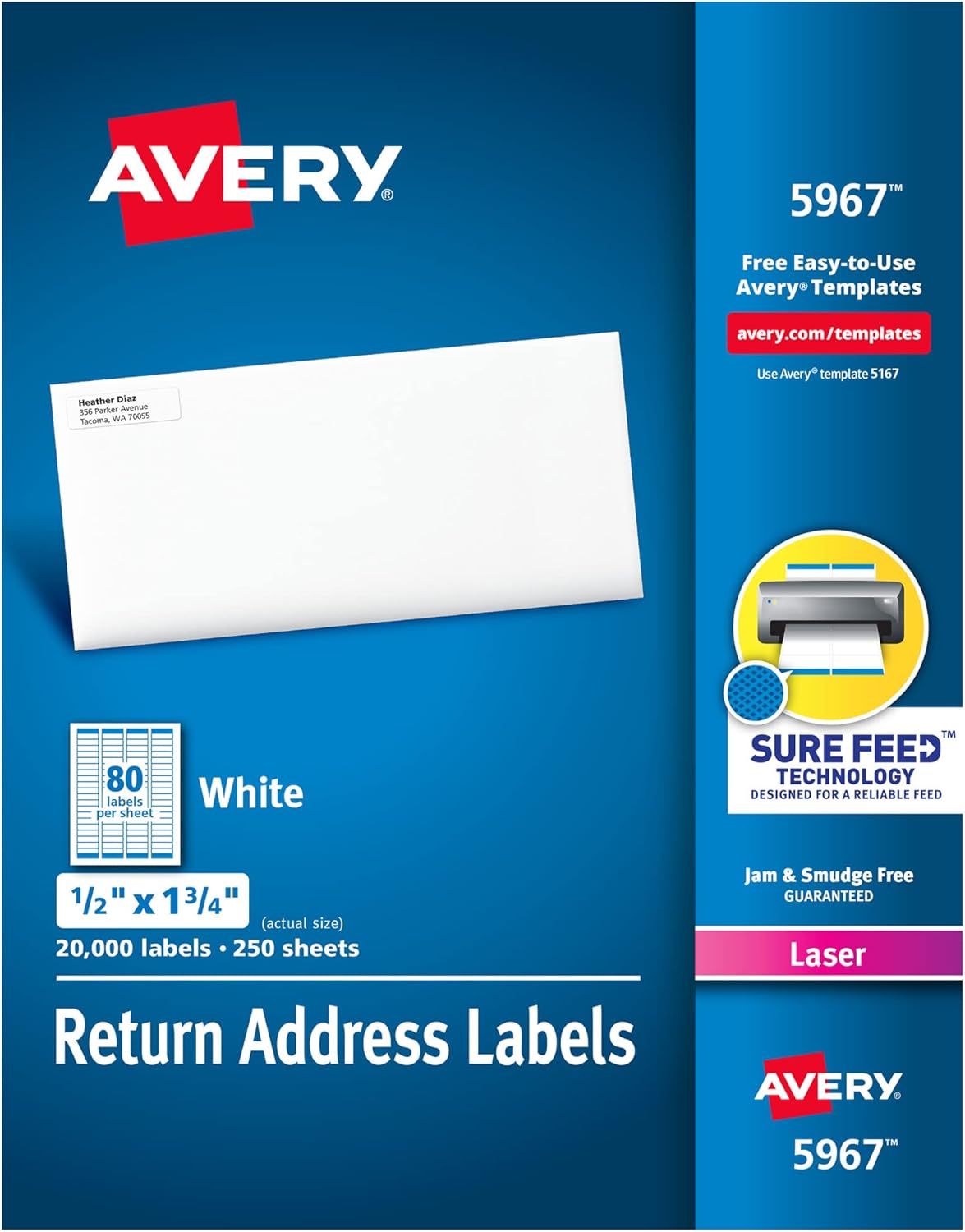 Avery Printable Return Address Labels with Sure Feed, 0.5" x 1.75", White, 20,000 Blank Mailing Labels (05967)