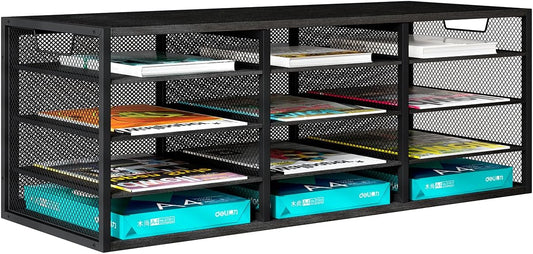 Mail Sorter Adjustable Countertop Heavy Duty Literature Organizer Student Mailbox for Classroom Desktop Bill Paper Holder Rack for Office Home School, 12 Compartments, Black