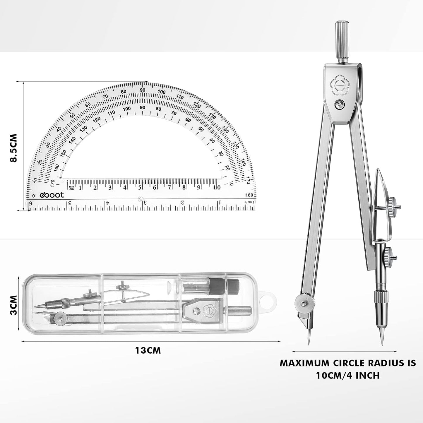 Zonon 2 Set Protractor and Compass Set, Student Geometry Math Set Drawing Compass and 6 Inch Clear Swing Arm Protractors 180 Degree Math Protractor