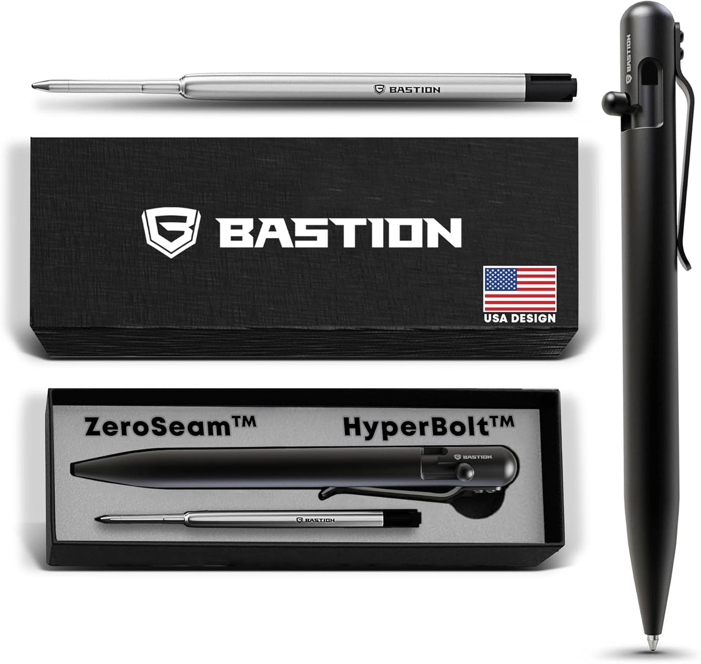 BASTION® Luxury Bolt Action Pen, Durable Professional Ballpoint Pen with Fine Tip, EDC Tactical Pen Ink Refillable Pen - Zirconium Black