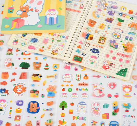 Kawaii Cartoon Bear Journaling Stickers - 100 Sheets Cute Rabbit Animal Transparent PET Scrapbooking Clipping Supplies Calendar Decals Sticker for Planners Collage Junk Journal DIY Arts Crafts