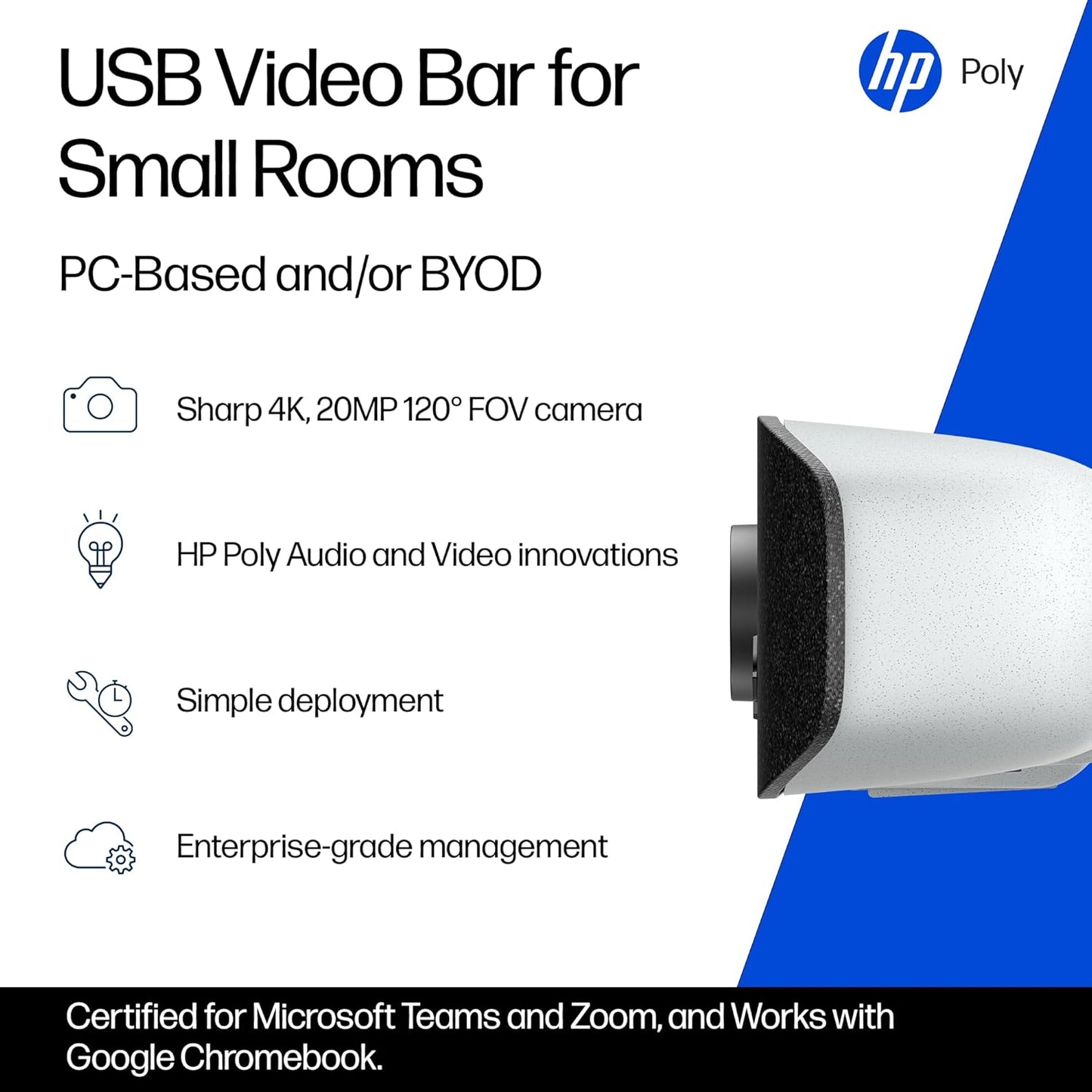 Poly Studio V12 – USB Video Bar for Small Rooms - 4K 20MP Camera, AI-Enhanced Audio, Noise Cancellation, Poly Lens Management - Microsoft Teams, Zoom & Google Meet Compatible - Thoughtfully Made
