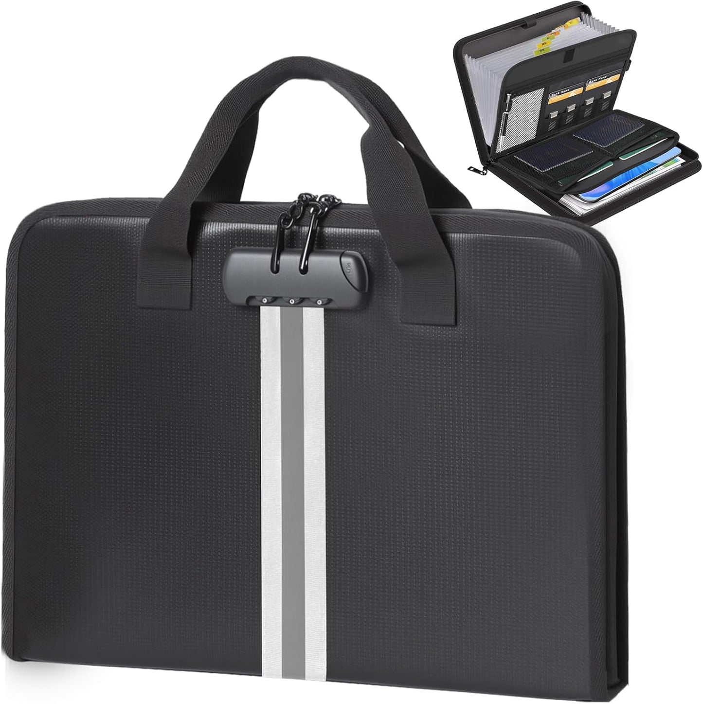 Accordion File Organizer with Combination Lock,Fireproof Expanding File Folder with Multi Pockets,13 Pockets Document Organizer with Handle & Labels,Portable Home Travel Safe Storage Letter A4 Files