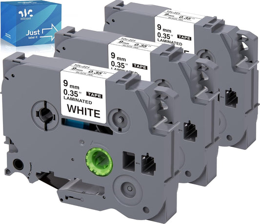 Weemay 3 Pack TZe-221 Compatible for Brother P-Touch Label Tape 9mm 0.35 Laminated White TZe TZ Tape TZ-221 TZ221 TZe221 3/8 Label for PTouch PTD210 PTD220 PTH110BP PTD410 PTD600 Printer