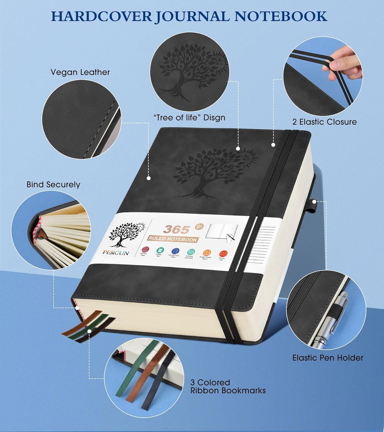 B5 Lined Journal Notebook - 365 Page Large Leather Journals for Writing Women Men，Hardcover Notebook with 100Gsm Thick Pages，Daily Diary for Travel, Work，School，College Ruled (7.6" x 10.3")