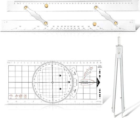 3 Pcs Basic Navigation Set, Include 16 Inch Marine Parallel Ruler with Clear Scales Navigation Divider Marine Nautical Protractor 6 Inch Marine Fixed Points Divider for Boat