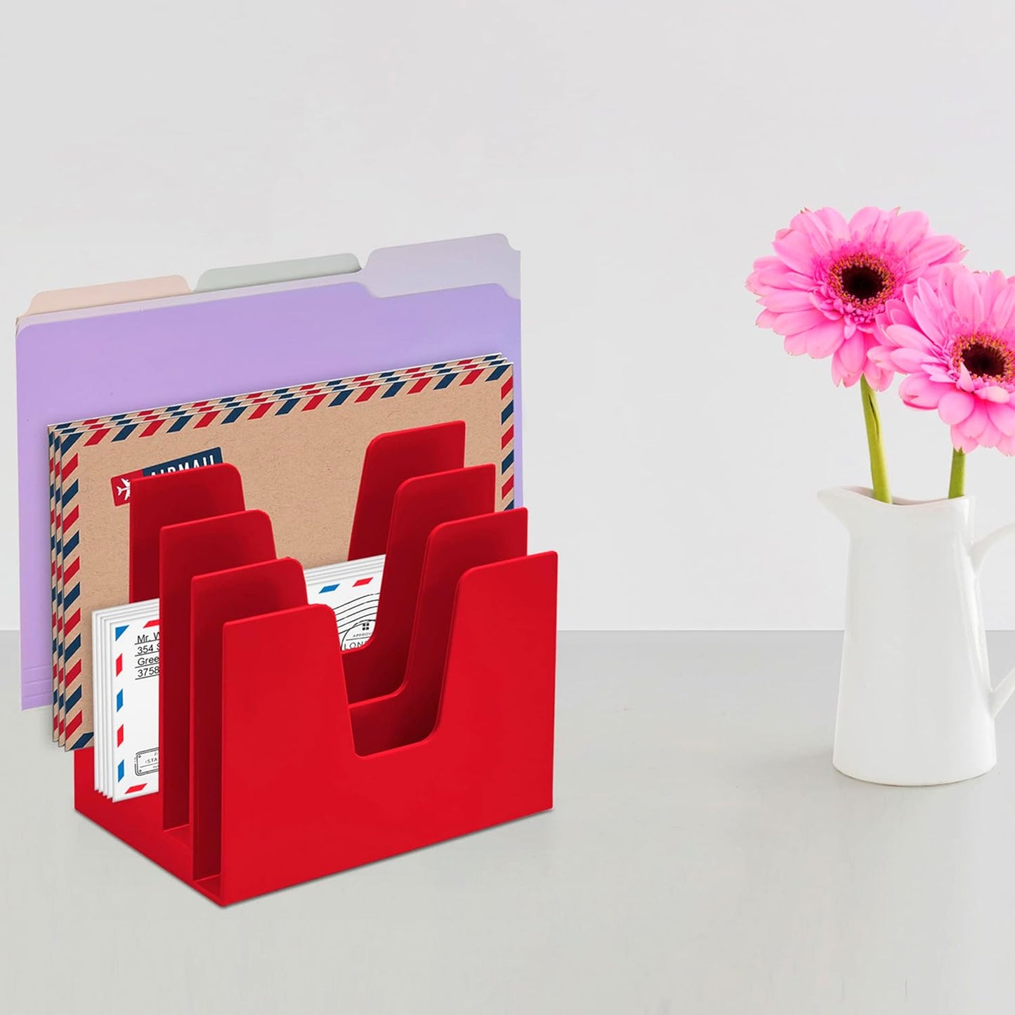 Acrimet 5 Section Incline File Sorter Organizer, Mail, Folder, Letter Desk Organizer, Rack for Office Organization Desktop (Plastic) (Solid Red Color)