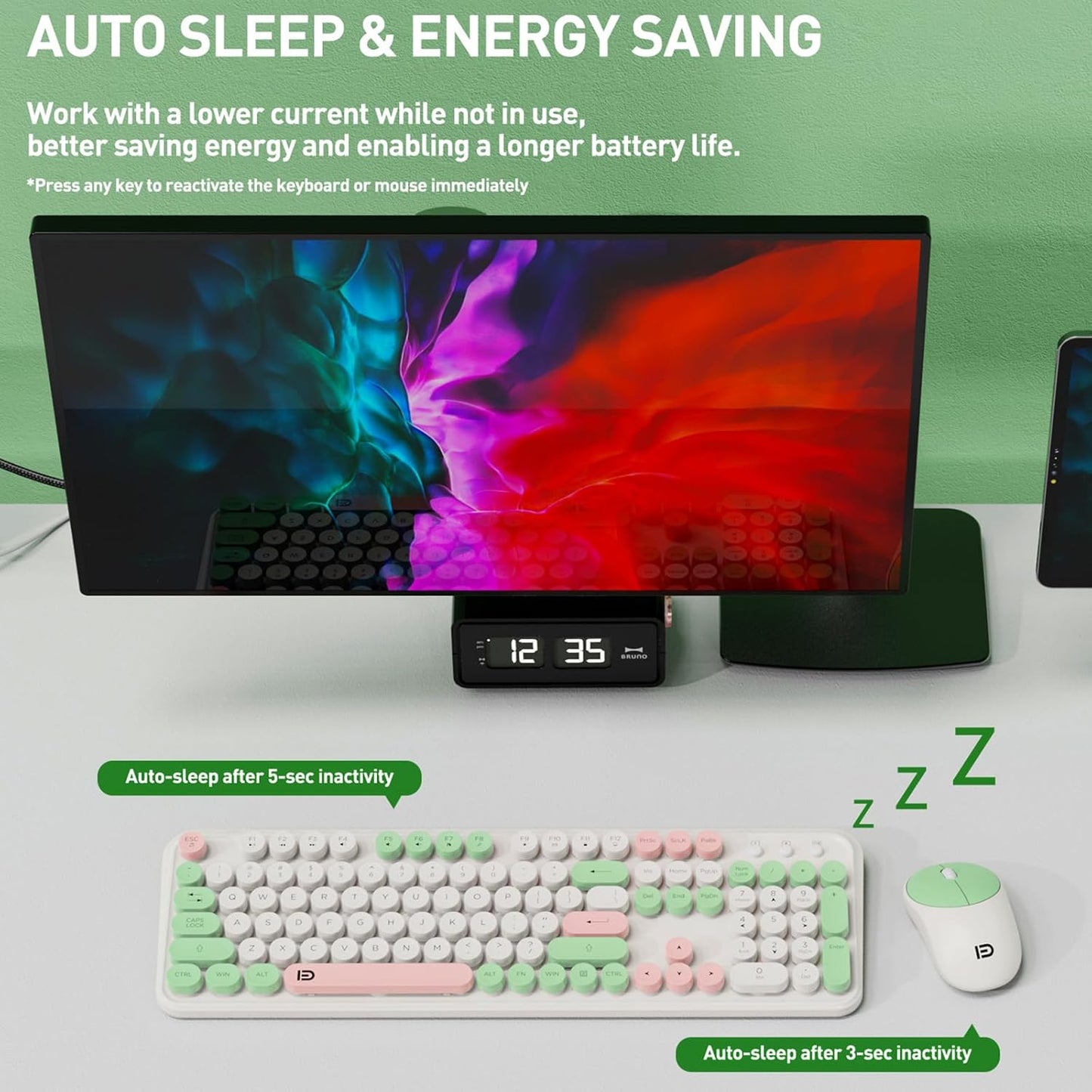 Wireless Keyboard and Mouse Set, 105 Keys Full-Size Cute Colorful Keyboard and Mouse with Retro Typewriter for PC/Mac/Laptop/Tablet/Computer/Windows Green