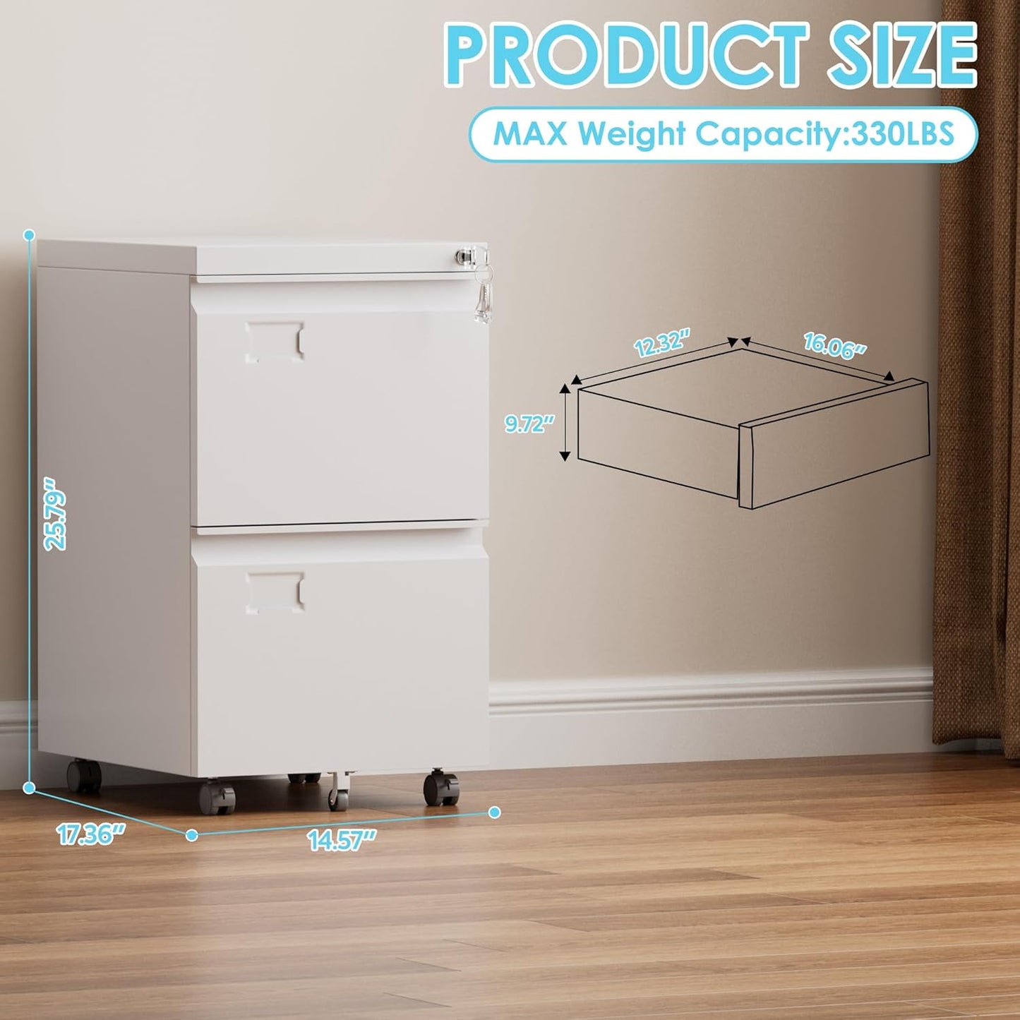 Aobabo 2 Drawer File Cabinet, Lockable Metal Filing Cabinet with Wheels for Home Office, Legal/Letter Size, Required Assembled,White