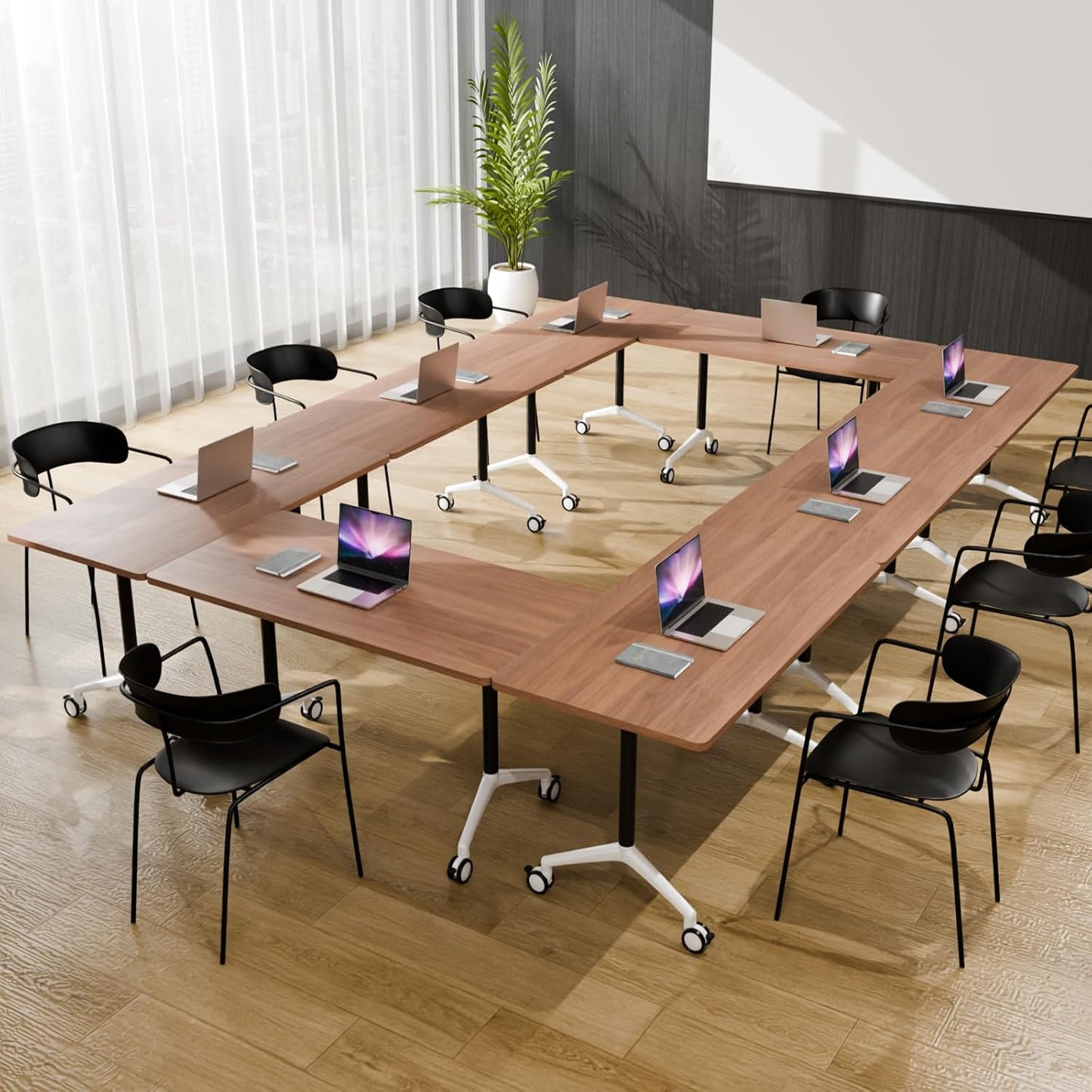 Folding Conference Table, Modern Large Conference Room Tables with Flip-Top Design, Foldable Conference Table Meeting Table with Wheels, Mobile Seminar Training Tables for Office Classroom (2, Brown)