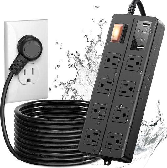 IPX6 Outdoor Power Strip Weatherproof, Waterproof Surge Protector with 8 Wide Outlet with 2A2C USB Ports, 15FT Long Extension Cord, Wall Mountable for Outside Decorations and More UL Listed(Black)