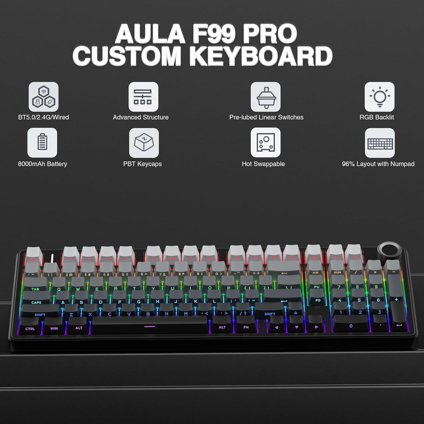 AULA F99 Pro Wireless Mechanical Keyboard with Knob,Tri-Mode BT5.0/USB-C/2.4GHz Hot Swappable Keyboard,Pre-lubed Switches,RGB Backlit PBT Keycaps Computer Gaming Keyboards (Side Printed Black)