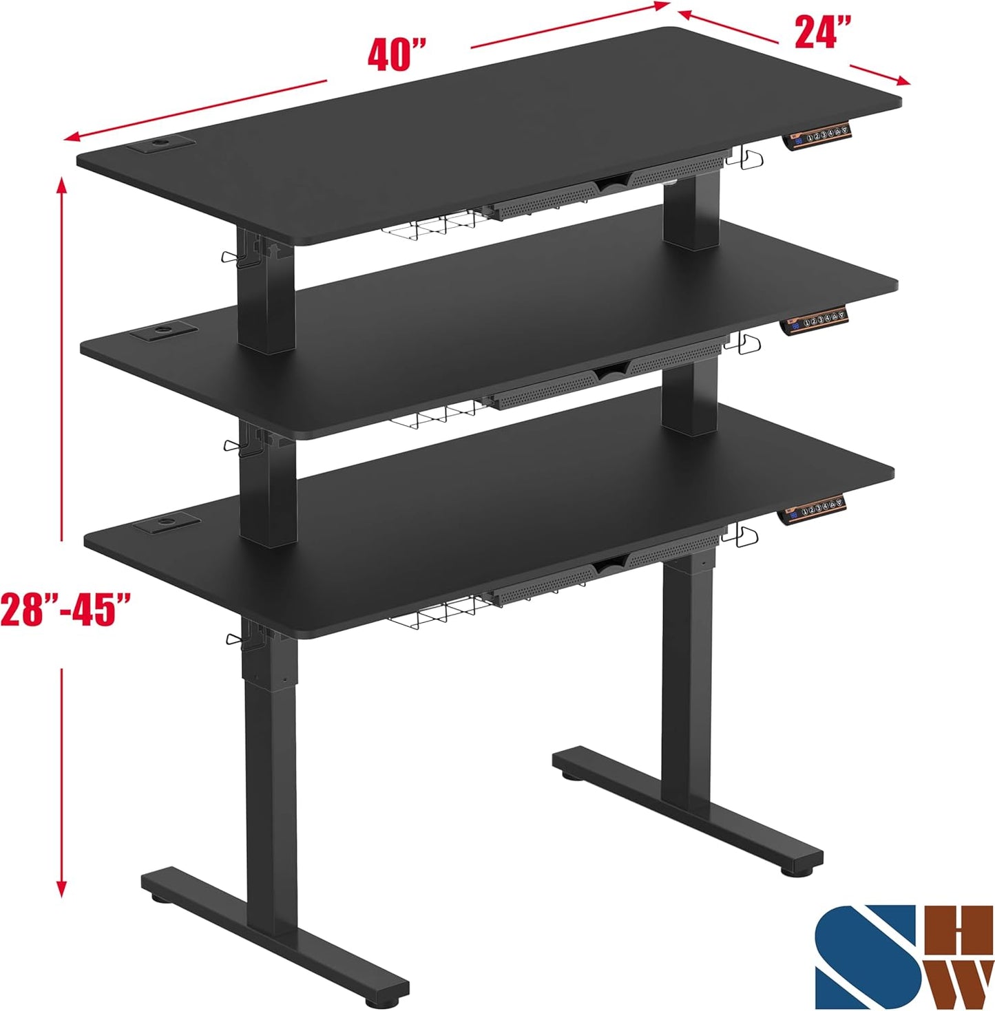 SHW 40-Inch Electric Height Adjustable Standing Desk with Drawer, Memory Preset and Cable Management Tray, Black