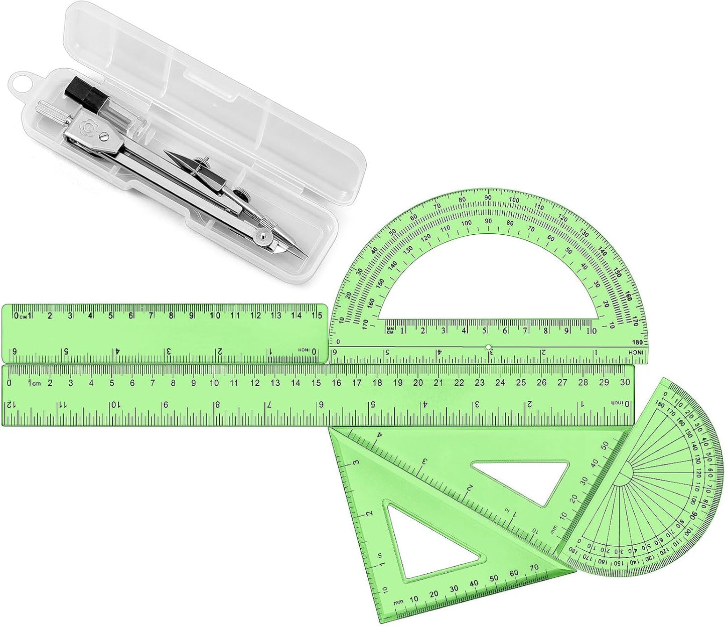 Zonon 1 Set Plastic Geometry Math Set Includes Drawing Compass, 6 Inch 4 Inch Protractor, 45/60 Degree Triangle Rulers 12 Inch 6 Inch Math Ruler Transparent for Office Supplies(Green)