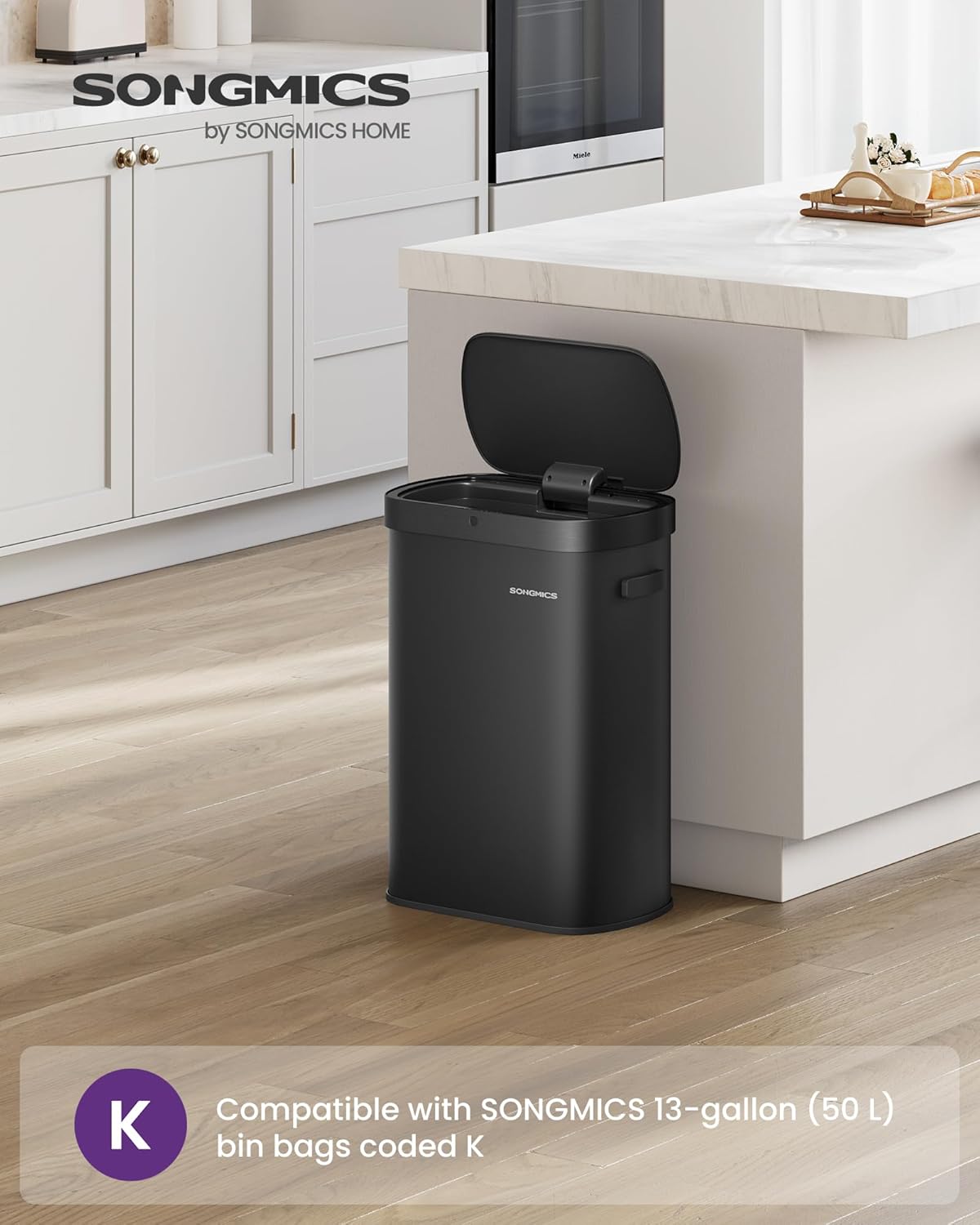 SONGMICS Motion Sensor Trash Can, 13-Gallon (50 L) Automatic Garbage Can with Soft Close Lid, Stainless Steel, Wave or Touch to Open, Includes 15 Bags, Ink Black ULTB640B01