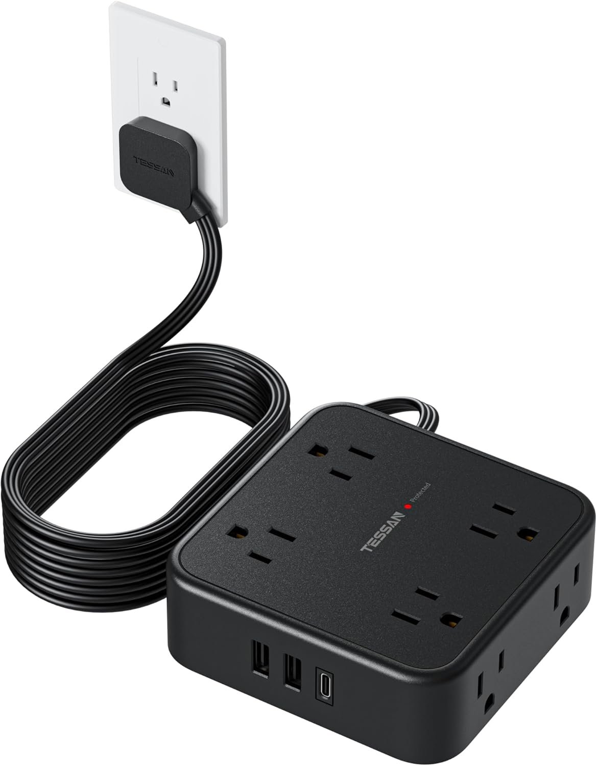 Power Strip Surge Protector 10 Ft Cord, TESSAN 8 AC Outlets 3 USB Charger (1 USB C Port), Thin Flat Extension Cord 10 Feet, Flat Plug, 900 Joules Protection, for Home, Office, Dorm Room Essentials