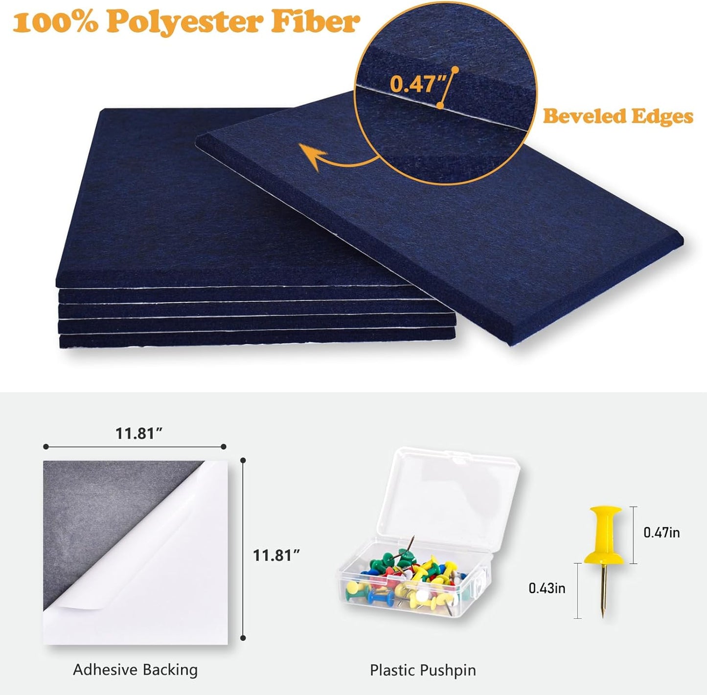 Thick Cork Board for Wall with Pins, 36" x 24" Bulletin Board Self-Adhesive Pin Board | Customized 6 Packs Felt Tiles for Office Home Wall Decor, Navy