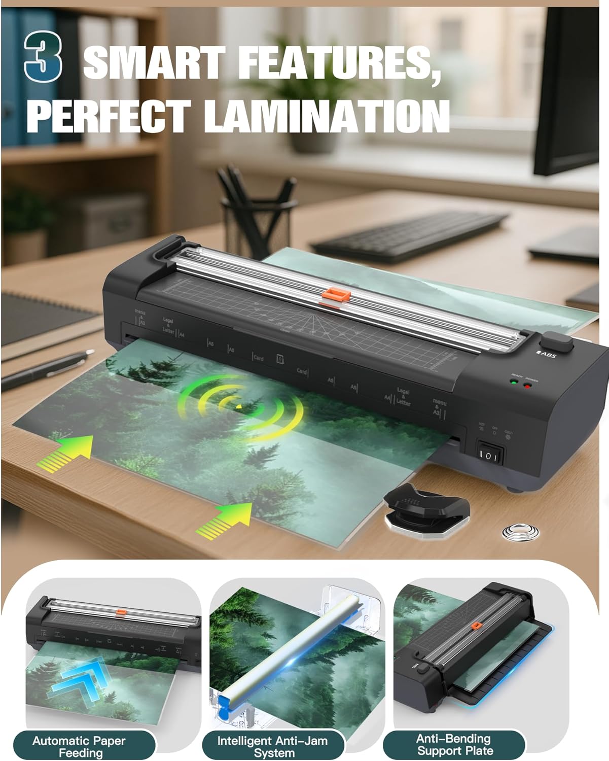 13 Inch Laminator Machine with Auto Paper Feed, Never Jam A3 Thermal & Cold Lamination, 20 Laminating Sheets, 10-in-1 Laminator with Cutter, Trimmer & Corner Rounder for Office School Home Use Black