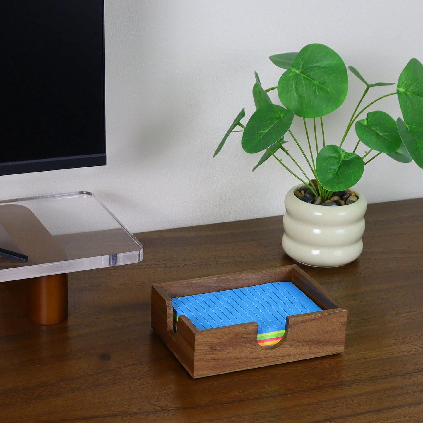 MultiBey Walnut Wood Sticky Notes Holder, 4x6 in Self -Sticky Note Memo Holder, Wooden Notepad Holder Dispenser Desk Supplies Desktop Accessories for Office Home School (L)