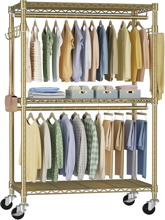 P1 Rolling Clothes Rack, Movable Metal Garment Closet Organizer with Lockable Wheels, Clothing Wardrobe with Double Hanger Rods and Hooks, 35.4" W x 15.7" D x 80.5" H, Load 450lbs, Gold
