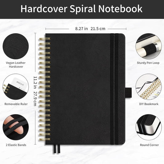 EMSHOI Spiral Graph Paper Notebook - 300 Pages, 100 GSM Thick Grid Notebook, A4 Large Hardcover Leather Journal for Women Men Work School Writing Engineering Graphing, 8.27" x 11.2", Black