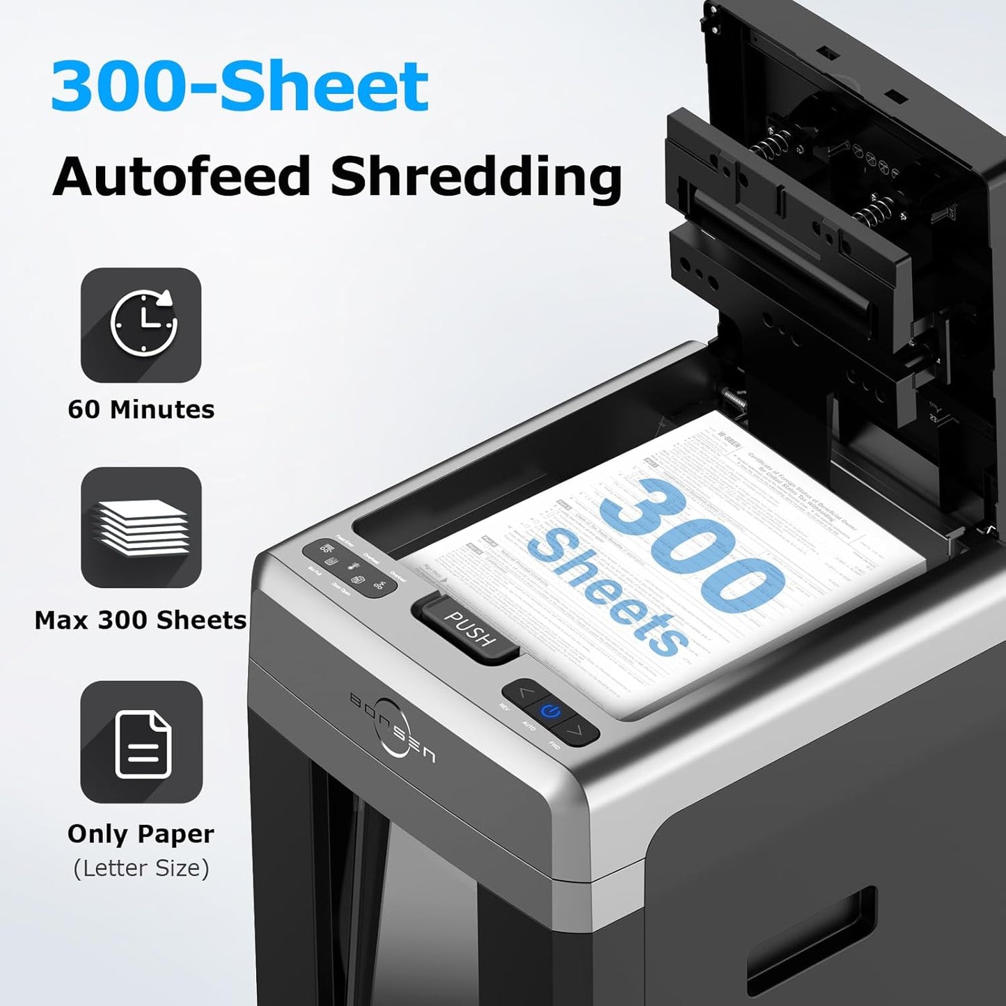 BONSEN 300-Sheet Auto Feed Paper Shredder, 60 Minutes Non-Stop Commercial Grade Heavy Duty Shredders for Office, 8.1 Gallon Micro Cut Document Shredder, P-4 Security Level,58dB Super Quiet (S3113)