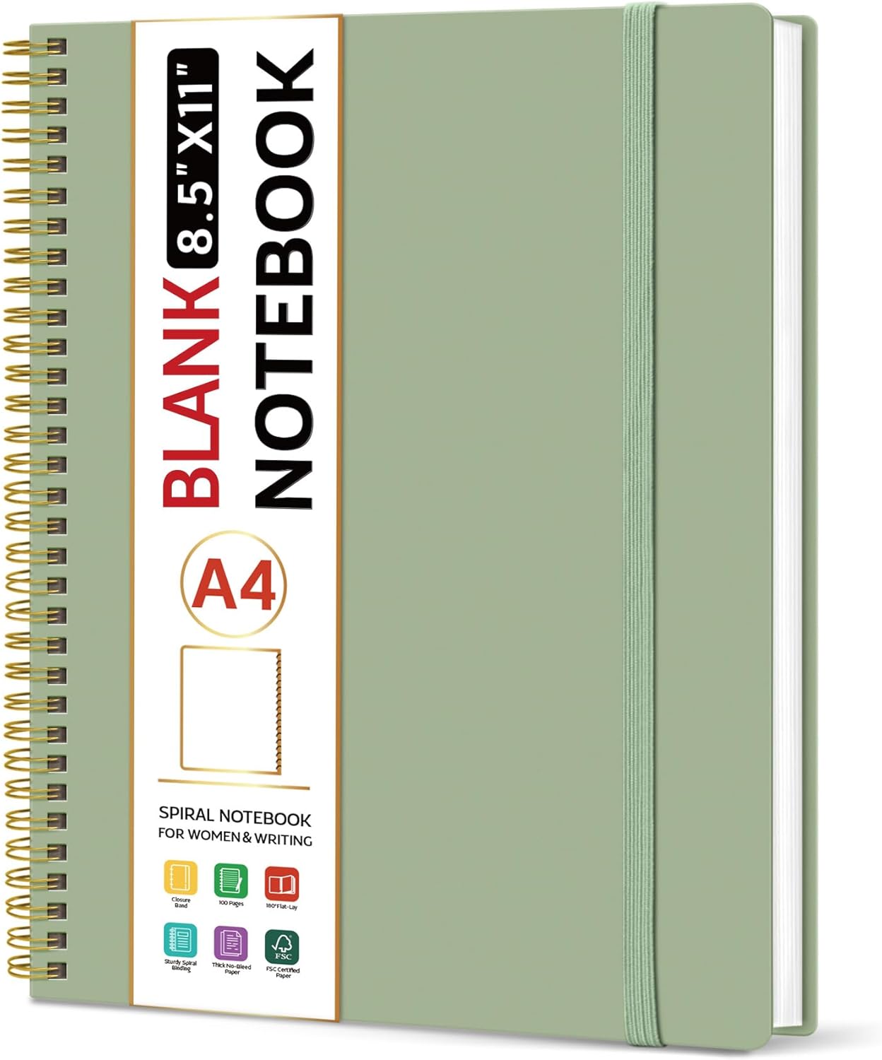 Taja Spiral Blank Notebook, 8.5"x11" Notebooks for Work, Large A4 Journal for Women & Men, Sketch Journal, Journaling Notebook for Writing, Plastic Cover Spiral Journal, Green