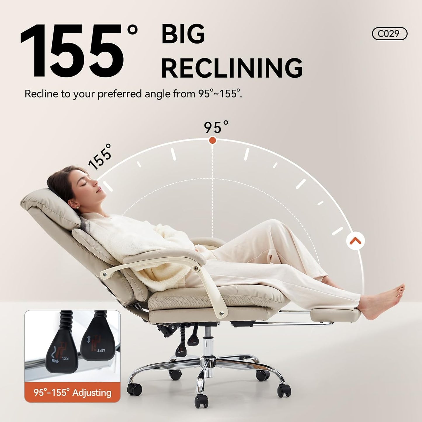 EMIAH Office Chair with Foot Rest, Ergonomic Executive Office Chair with Arms, Reclining High Back PU Leather Comfy Swivel Computer Desk Chairs with Wheels and Lumbar Support for Home Office, Beige