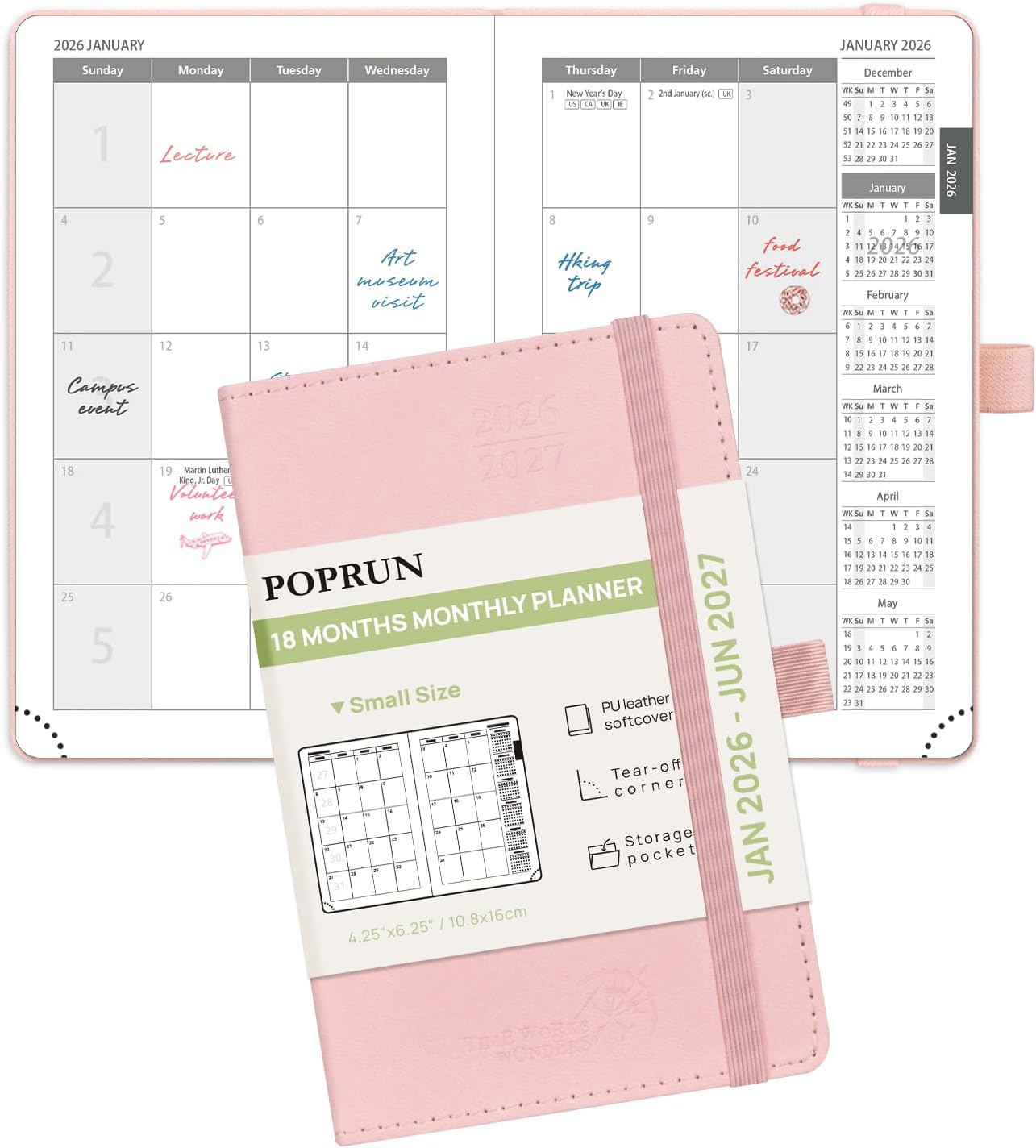 POPRUN Pocket Monthly Planner 2026-2027 (Pocket- 4''x 6.25'' Soft Leather Cover) - 18 Month Calendar Book for Purse (Jan.2026 - Jun. 2027), 100 GSM Thick Paper - Pink