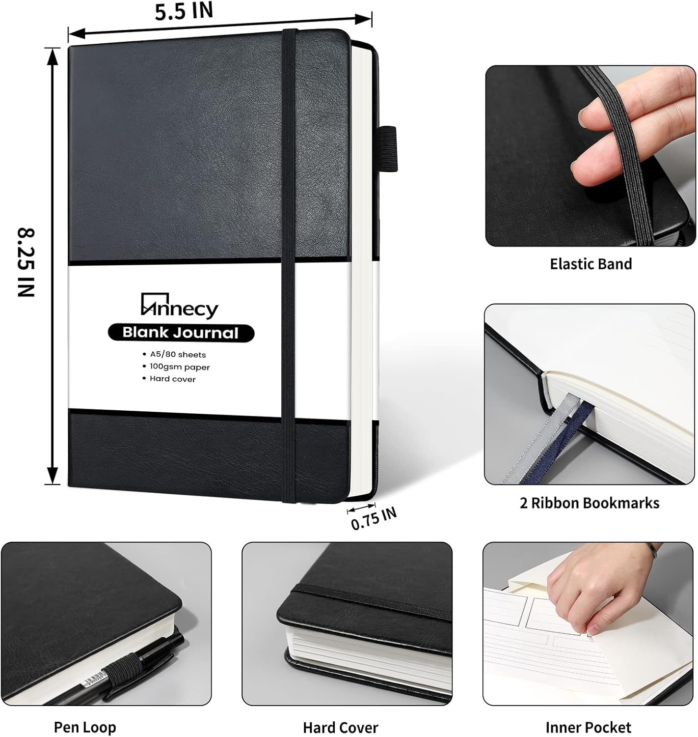 Annecy Blank Journal Notebook, Medium 5.5x 8.25, 160 Pages 100GSM Writing Paper, A5 Black Faux Leather Cover with Pen Loop