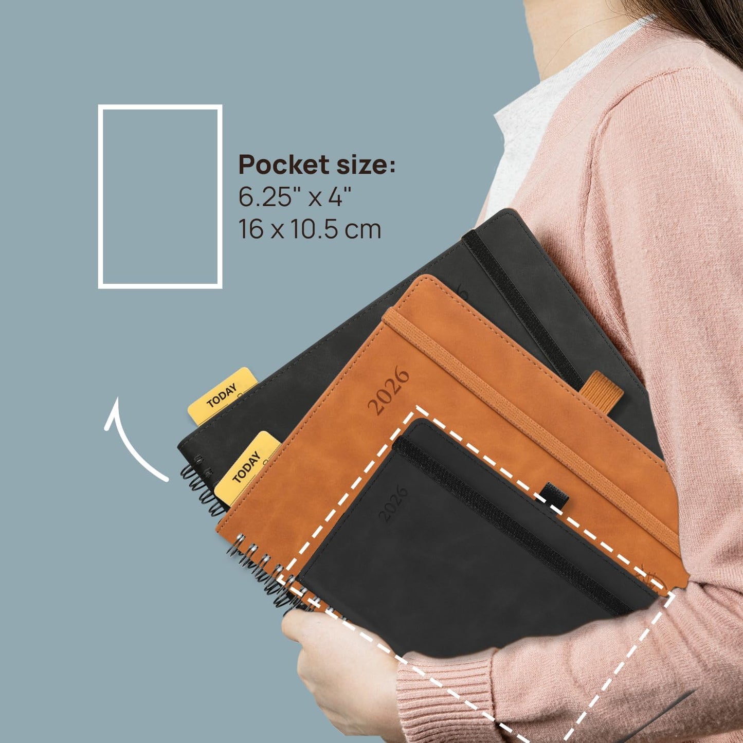 POPRUN Weekly Planner 2026 Pocket Size Calendar (4" x 6.25") 12 Months Notebook with Horizontal Layout, Leather Soft Cover, Inner Pocket, 100GSM Thick Paper, Pen Holder - Black