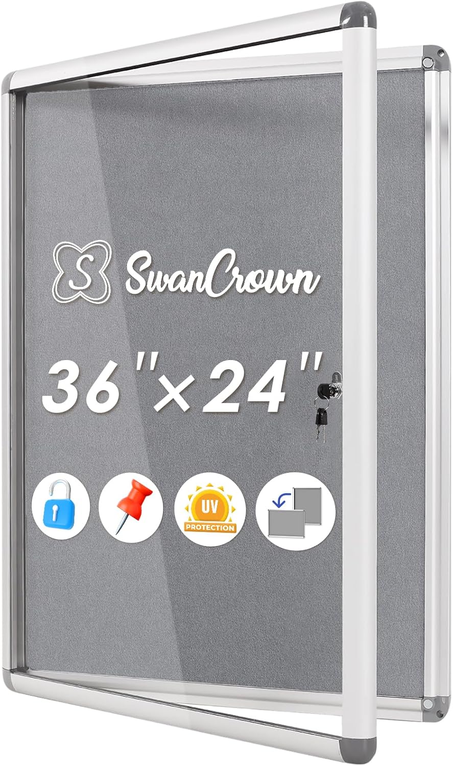 SWANCROWN Enclosed Bulletin Board 36x24 in, Tamperproof Lockable Grey Felt Board Wall Display Case for Office School Home, Aluminum Frame
