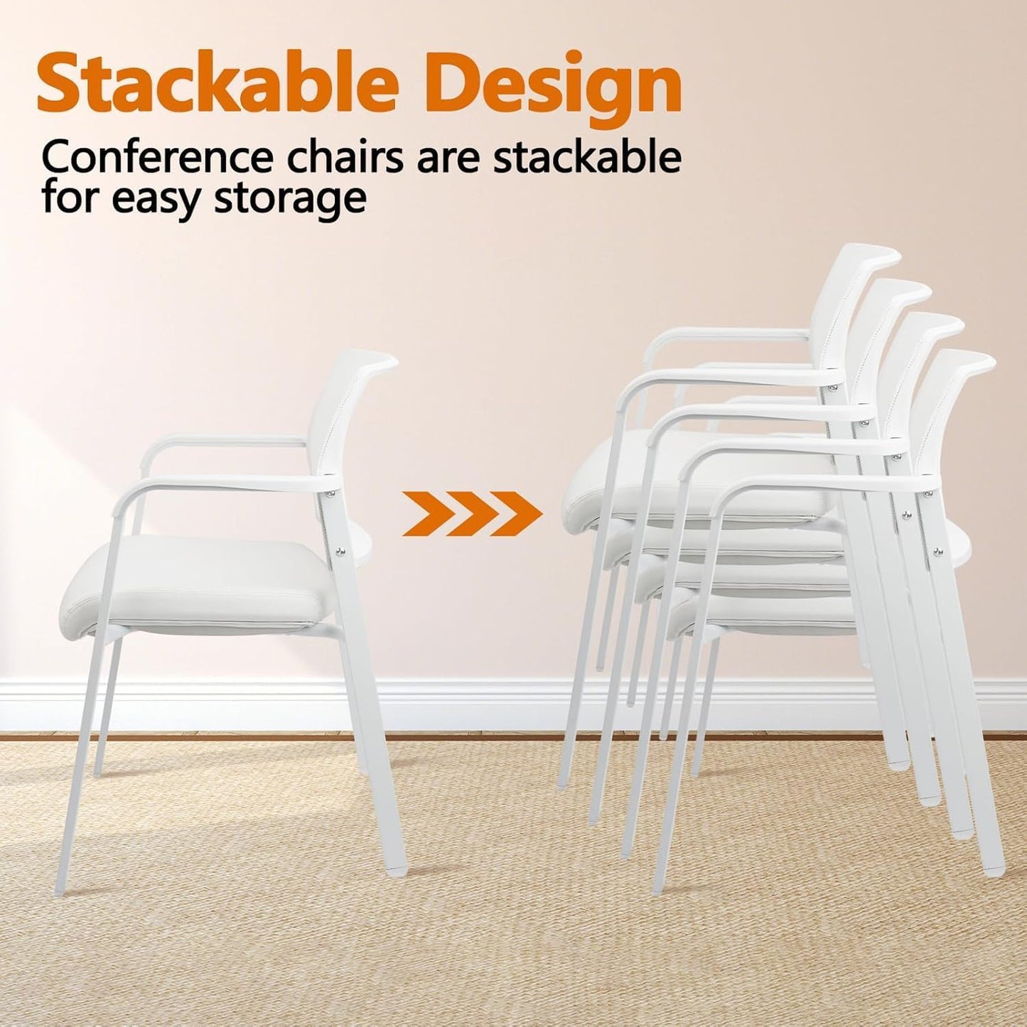 CLATINA Stacking Office Chairs | Mesh Back, Thicken Leather Seat and Arms, Ergonomic Lumber Support | Guest Reception, Waiting, Conference, School, Party, Customer, Side, Stationary | Set of 8, White