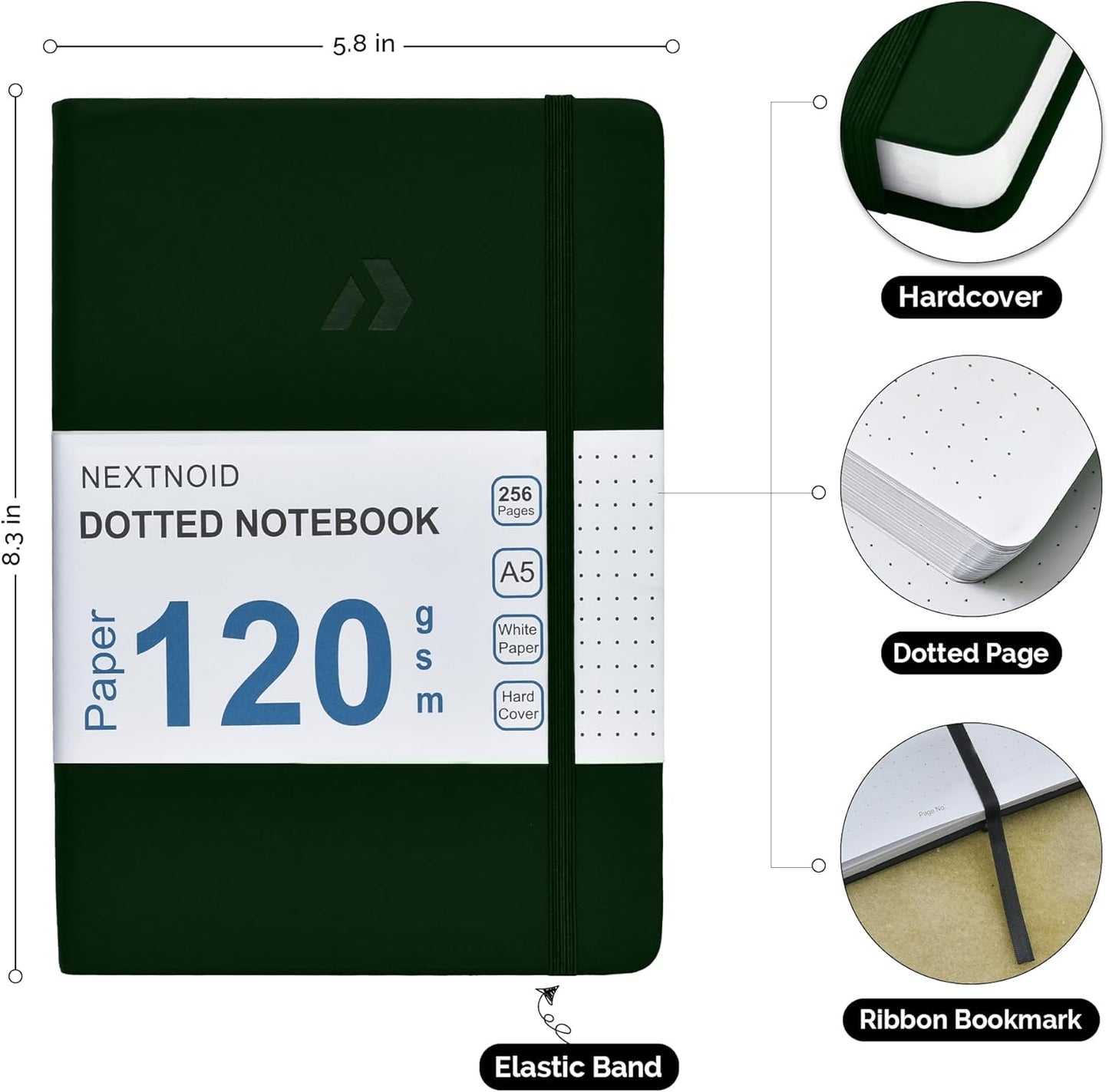 Nextnoid Hardcover Dotted Journal Notebook - 120 GSM Thick Paper, Medium A5-256 Pages - Perfect For Handwriting, Diagrams, Note-Taking and To-Do Lists (Dot, Green)