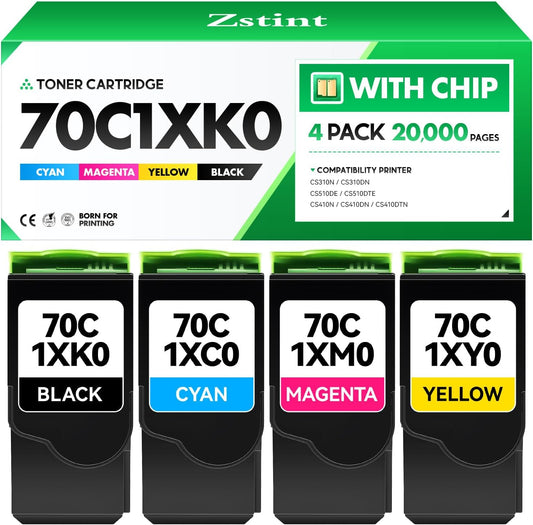 70C1XK0 70C1XC0 70C1XM0 70C1XY0 Toner Cartridge Set 4-Pack Black Cyan Magenta Yellow with chip Replacement Compatible for Lexmark CS310N CS310DN CS510DE CS510DTE CS410N CS410DN CS410DTN Laser Printer