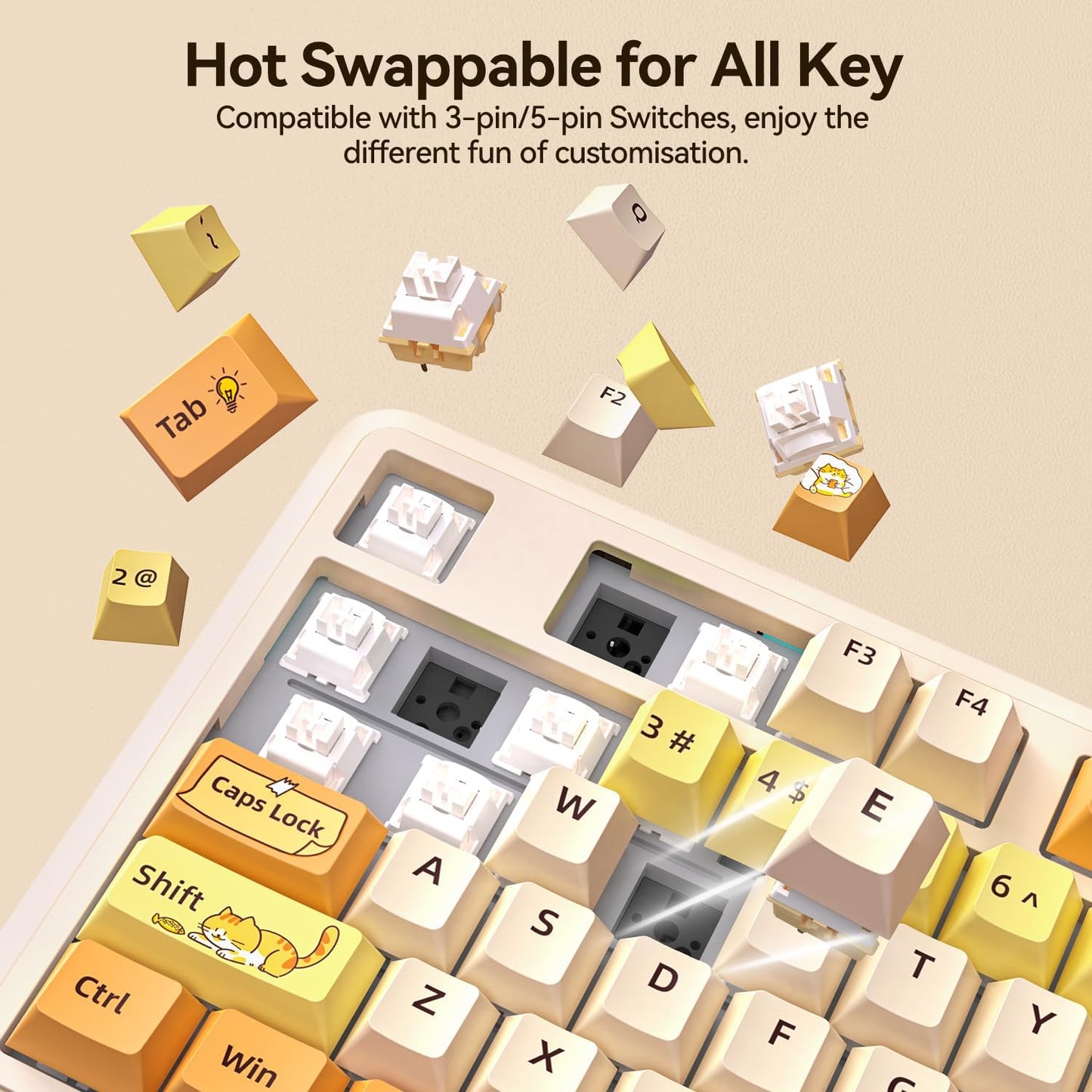 AUSDOM 98Pro Wireless Mechanical Keyboard, Tri-Mode Bluetooth/2.4GHz/USB-C Gasket Hot Swappable Custom Gaming Keyboard with Backlit, PBT Keycaps, Linear Switches, for Windows/Mac/PC (Yellow Cat Theme)