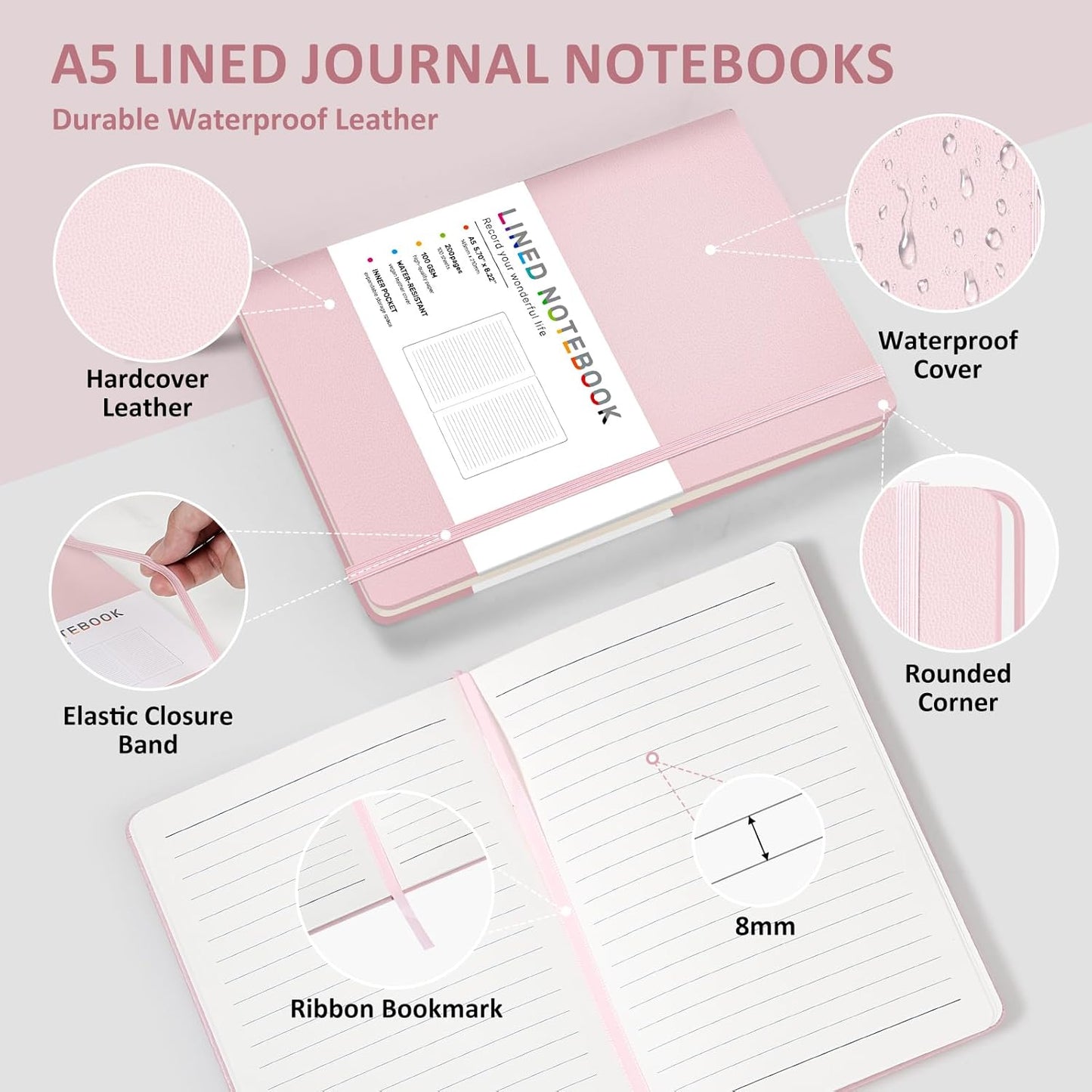 Lined Journal Notebook for Women Men, 200 Pages A5 Hardcover Leather Journals 5.7” x 8.3”, A5 College Ruled Notebooks with 100 GSM Thick Paper for Writing,Travel,School,Office,Work,Business（Pink）